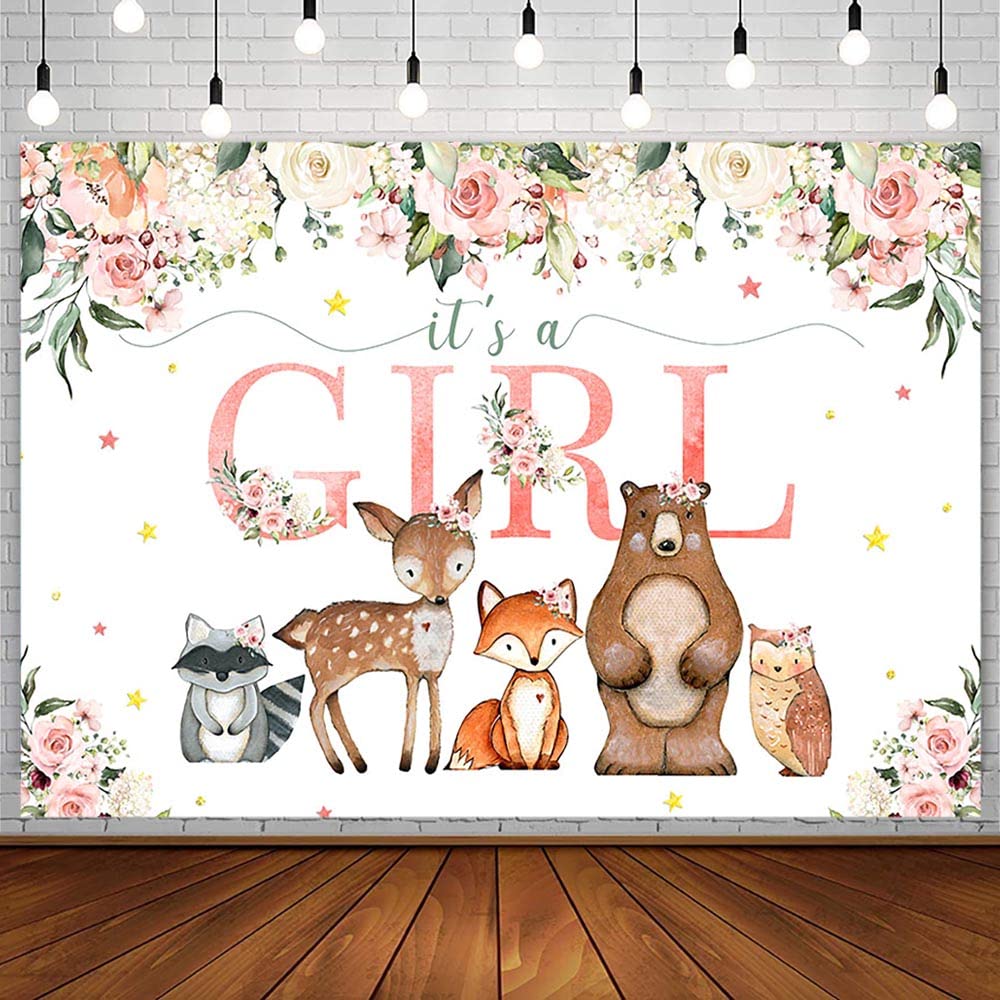 Sendy 7x5ft It's a Girl Baby Shower Backdrop Woodland Wild Animals Oh Baby Party Decorations Supplies Safari Sweet Deer Blush Pink Floral Photography