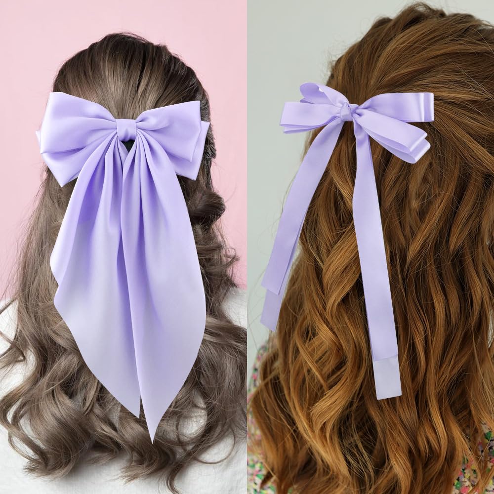 Atoden Purple Hair Bow Clips Silky Satin Hair Ribbon 4Pcs Lavender