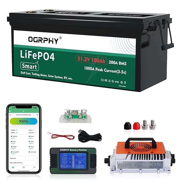 48 Volt Lithium Battery for Golf Cart with 18A Charger, 48V Lithium Battery with 200A BMS, LCD & Mobile Monitor, 5.12kWh with 10.24kW Output, 1000A Peak Current for Golf Cart(100AH)