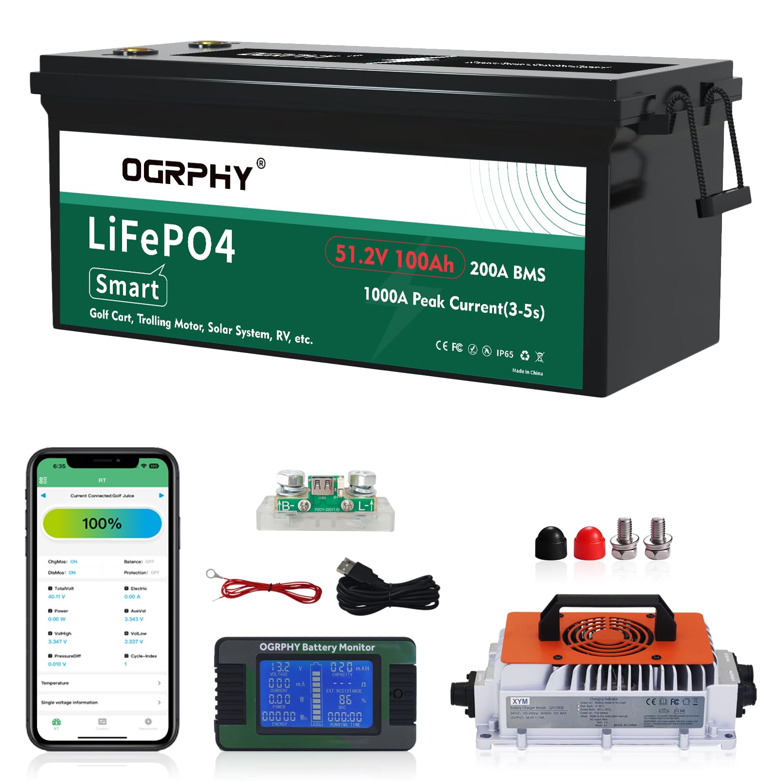 48 V 100 Ah LiFePO4 Bluetooth Battery 5.12 kWh Grade A Lithium Battery with 500 A Peak Current, 5000 + 48 V Lithium Battery with Charger for Car Applications