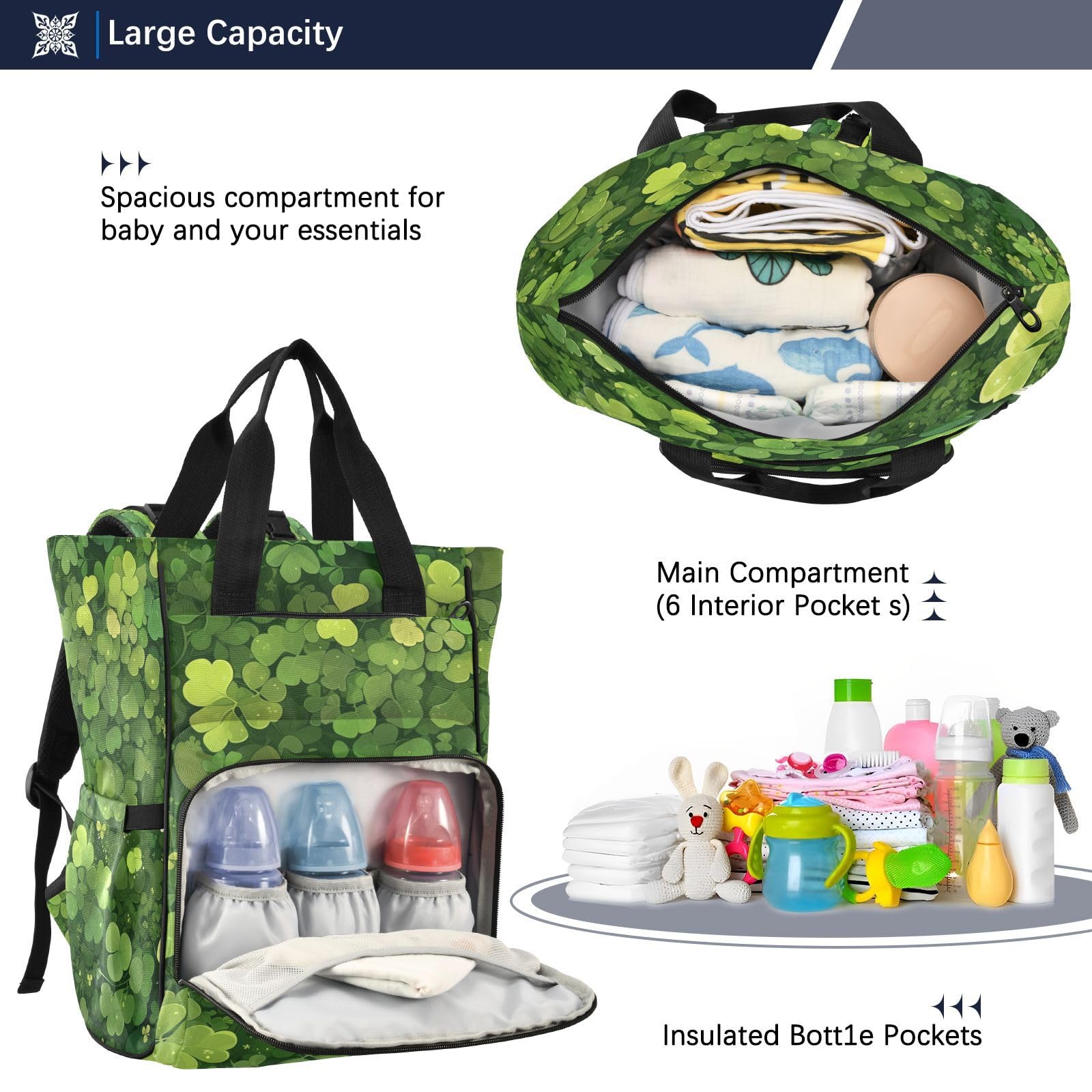 Verde Hojas De TréBol Natural Exuberante Mochilas de Pañales para Gran Capacidad Pañal Bolso Mochila para Viajar al Aire Libre Mamá y Papá