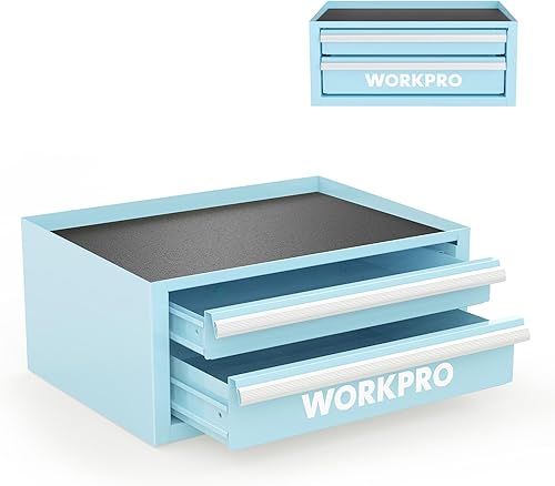 WORKPRO Mini caja de herramientas de 12.5 pulgadas con 2 cajones y 1 almacenamiento superior abierto, pequeño baúl de herramientas de metal con