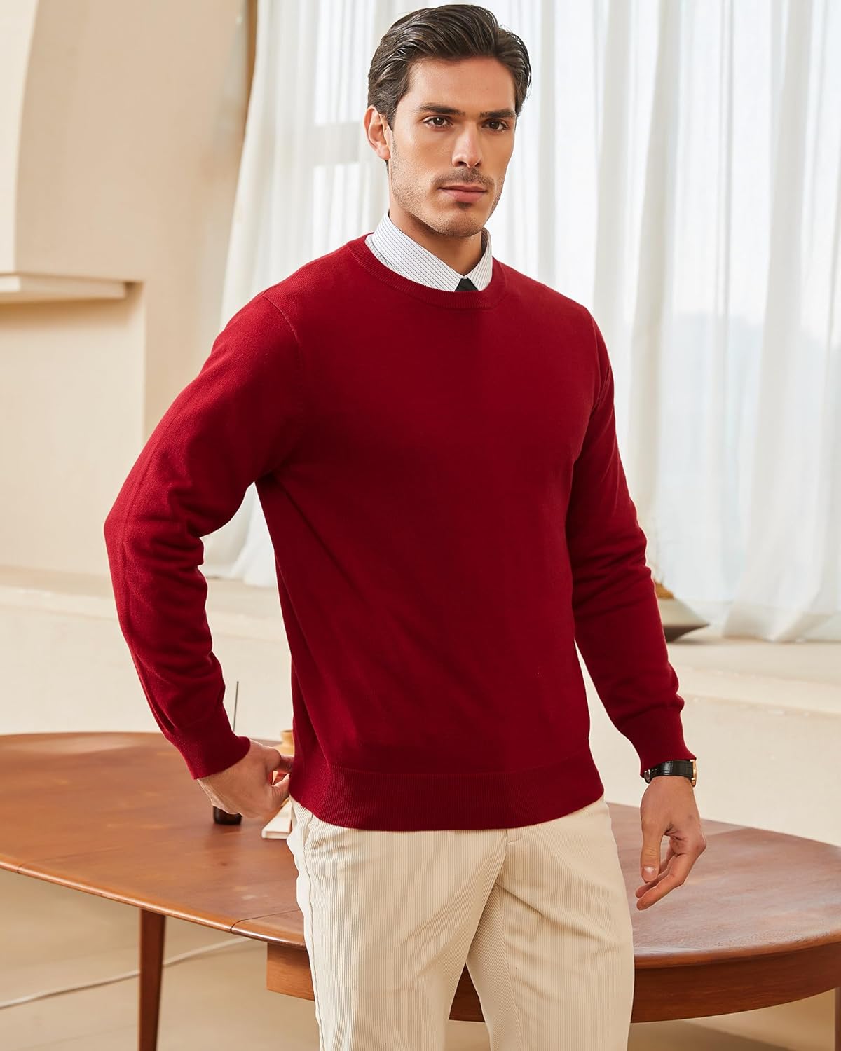 Kallspin Men's Crew Neck Sweater Pullover Regular Fit Pure Cotton Long Sleeve Lightweight Knit Casual Everyday Layering - Image 5