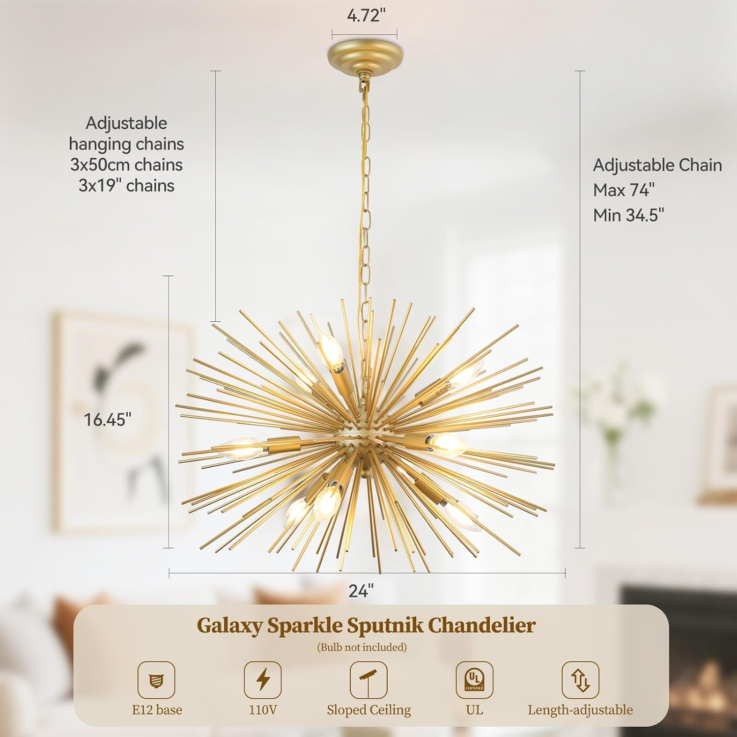 24" Modern Golden Sputnik Chandelier 9-Lights Mid-Century Modern Luxury Starburst Chandelier Gold Solid Metal Satellite Sputnik Chandeliers for Dining Room, Kitchen, Bedroom, Living Room
