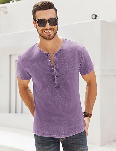 Miniatura 37 de Camisas Henley desgastadas para hombre, camisetas retro de manga corta, camisetas casuales con botones lavadas para hombre
