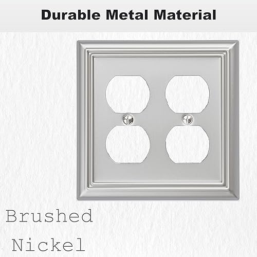 Miniatura 3 de OKAWYC Adler - Placa de pared de metal doble para interruptor de luz de salida dúplex, paquete de 2 unidades, níquel cepillado de 2 bandas, para