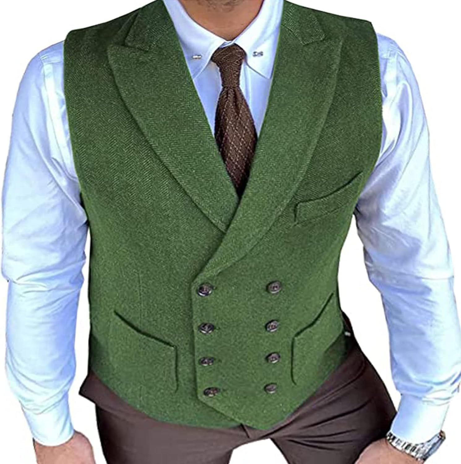 Men's Double Breasted Herringbone Tweed Waistcoat Vintage Lapel Business Wedding Suit Vest for Tuxedo Suit (Color : Green, Size : 5X-Large)