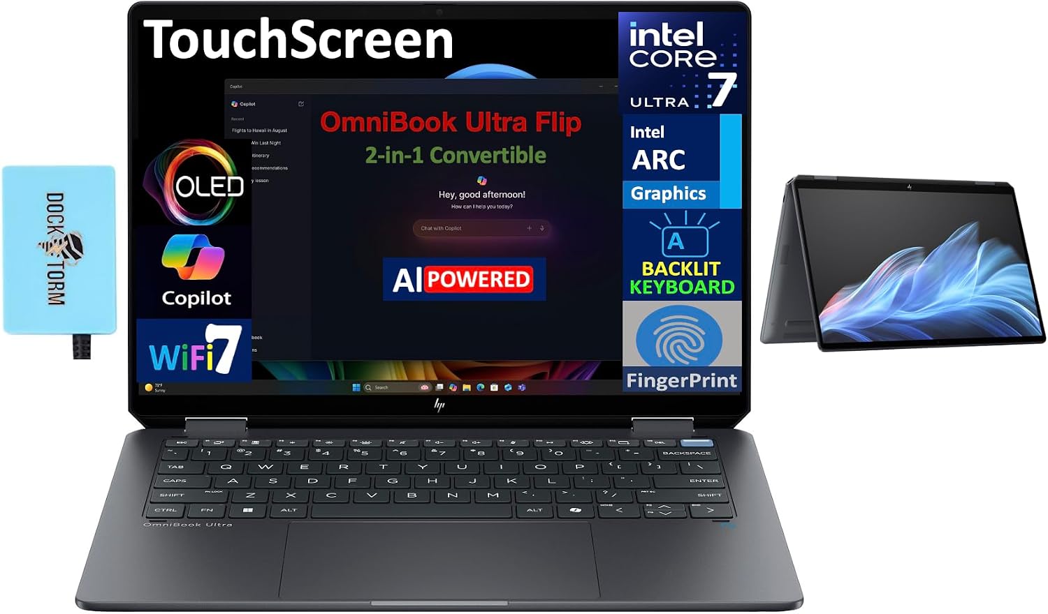 OmniBook Ultra Flip (Next Gen Spectre X360) 2-in-1 Laptop 14.0" Touchscreen OLED 2.8K Display (Intel Ultra 7-256V, 16GB LPDDR5X, 1TB SSD, Backlit KB, Fingerprint, Win 11 Home) with DKZ Hub