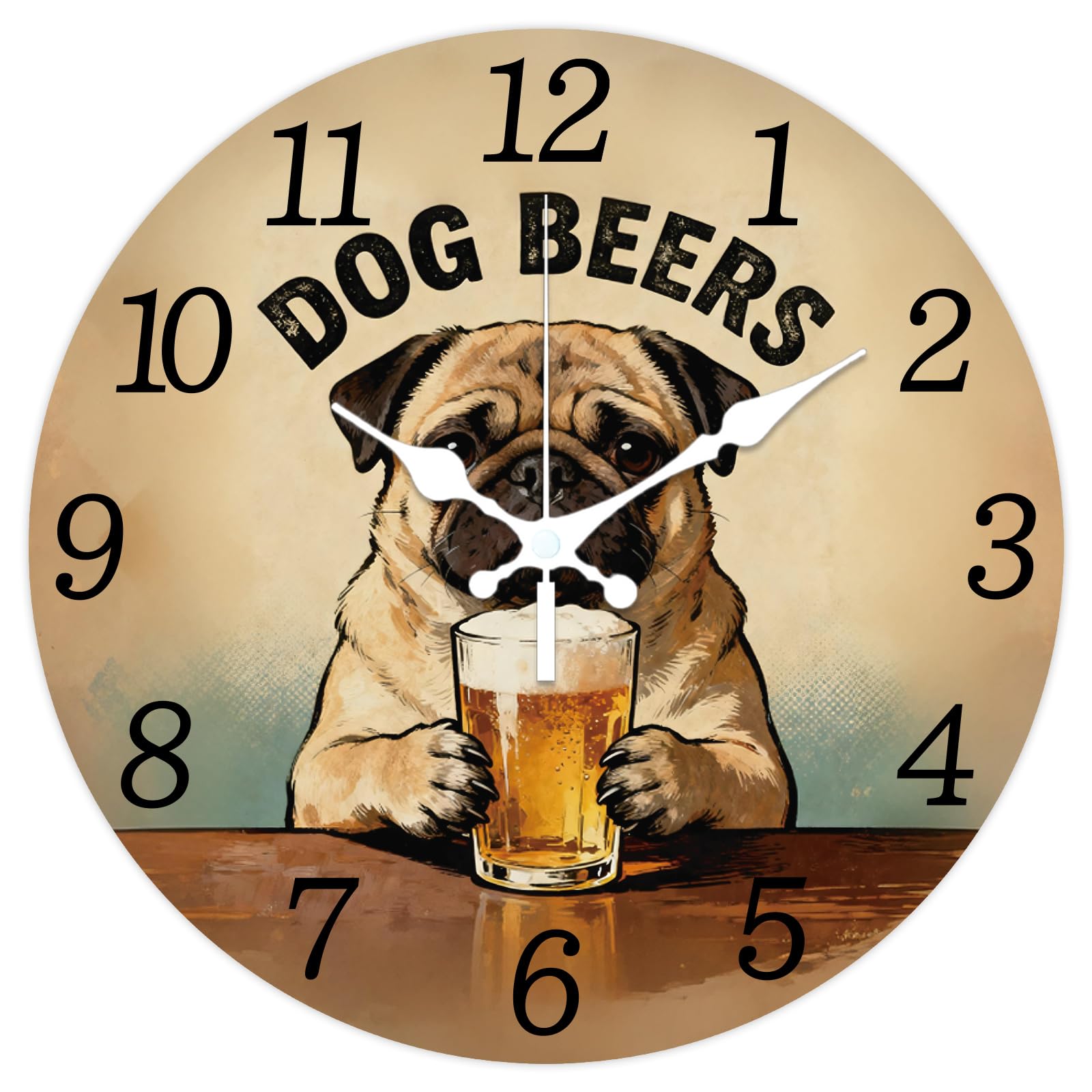 CHGCRAFT 12 Inch Pug Beer Funny Style Wood Board Round Wall Clock Battery Operated Silent Non Ticking Decorative Clock, for Bedroom Living Room Kitchen Office Home Bathroom Decor