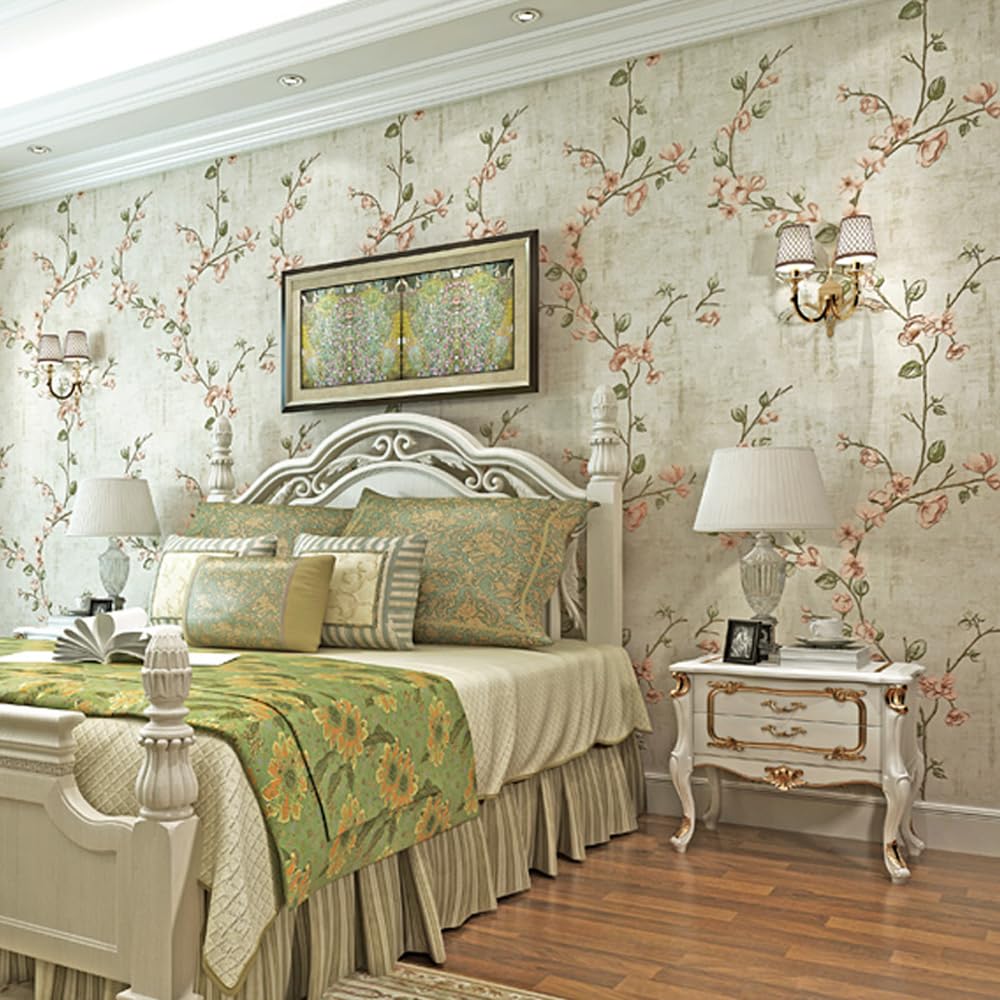 HimYKEA American Countryside Rustic Non-Woven Wallpaper Small Flowers Tree Pattern Retro Style Bedroom Living Room Background Non-Woven Wallpaper Beige 1.73'W x 32.8'L