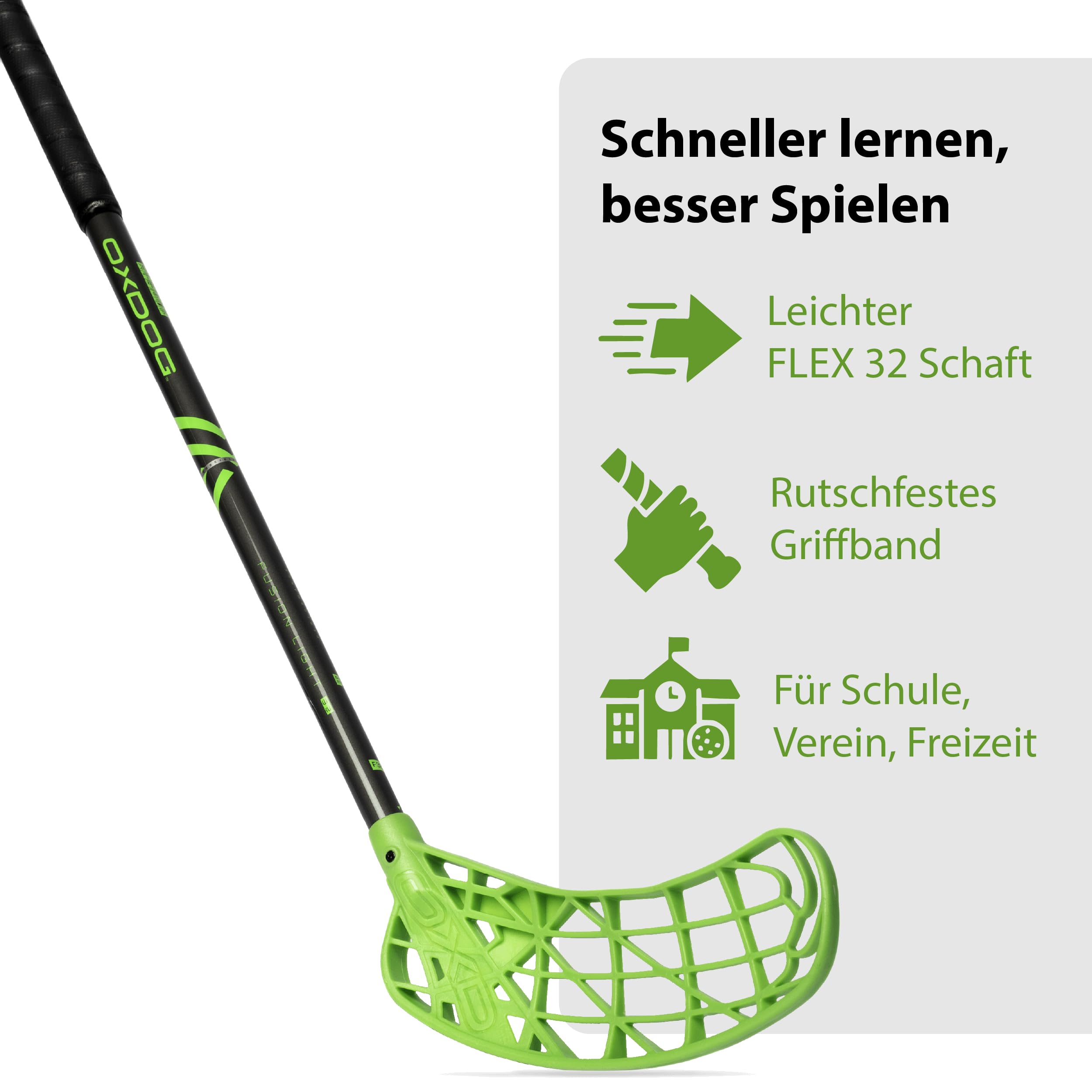 Oxdog Floorballschläger Fusion Light 32, Grey-Green Unihockey Stock - Flex 32, IFF‑Zertifiziert, Deutscher Kundensupport