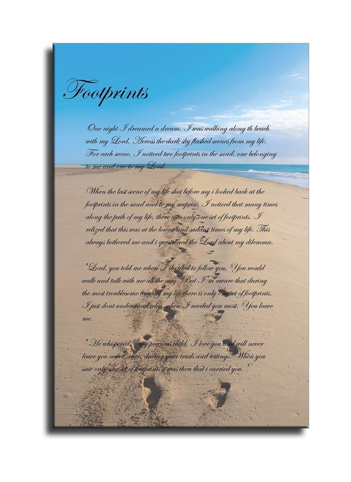 EKFBQBGW Comforting Poem Wall-Art Footprints in the Sand Canvas Print Inspirational Quote for Bedroom Nursery or Living Room Unframed,08x12inch(20x30cm)