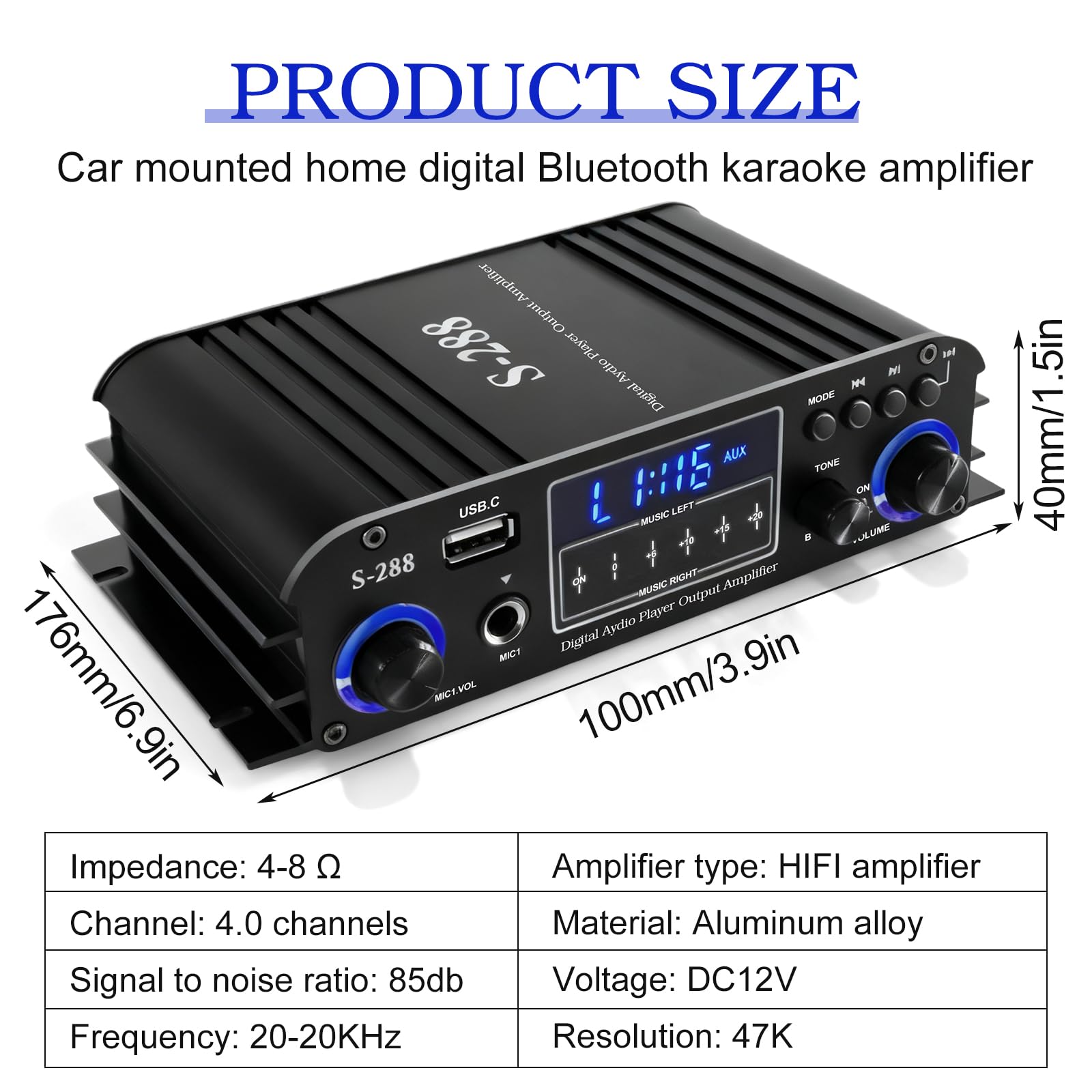 Amplificatore a 4 canali, amplificatore di potenza audio 1200 W, Bluetooth 5.0, 30 Wx4 con USB/Microfono/FM con telecomando, amplificatore Hi-Fi integrato per la casa o la tua auto