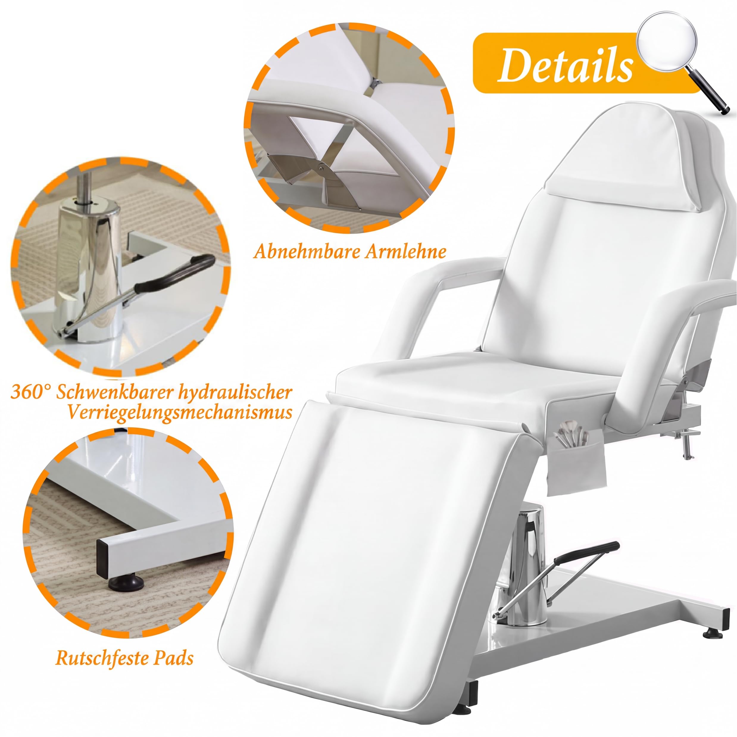360° Drehbare Professionelle Hydraulisch Kosmetikliege Mit Hocker Verstellbare Massageliege Mit Abnehmbaren Armlehnen & Kopfstütze – Tattooliege Set Für Spa, Tattoo, Gesichtspflege (Weiß)
