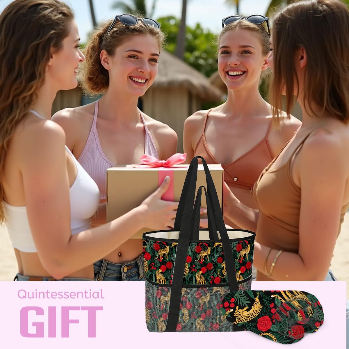 Leopard Palm Leaves Beach Tote Bag & Towel Set, Women's Travel & Beach Essentials, 21.1" x 15" x 6.2", 2 Count, Waterproof, Personalized