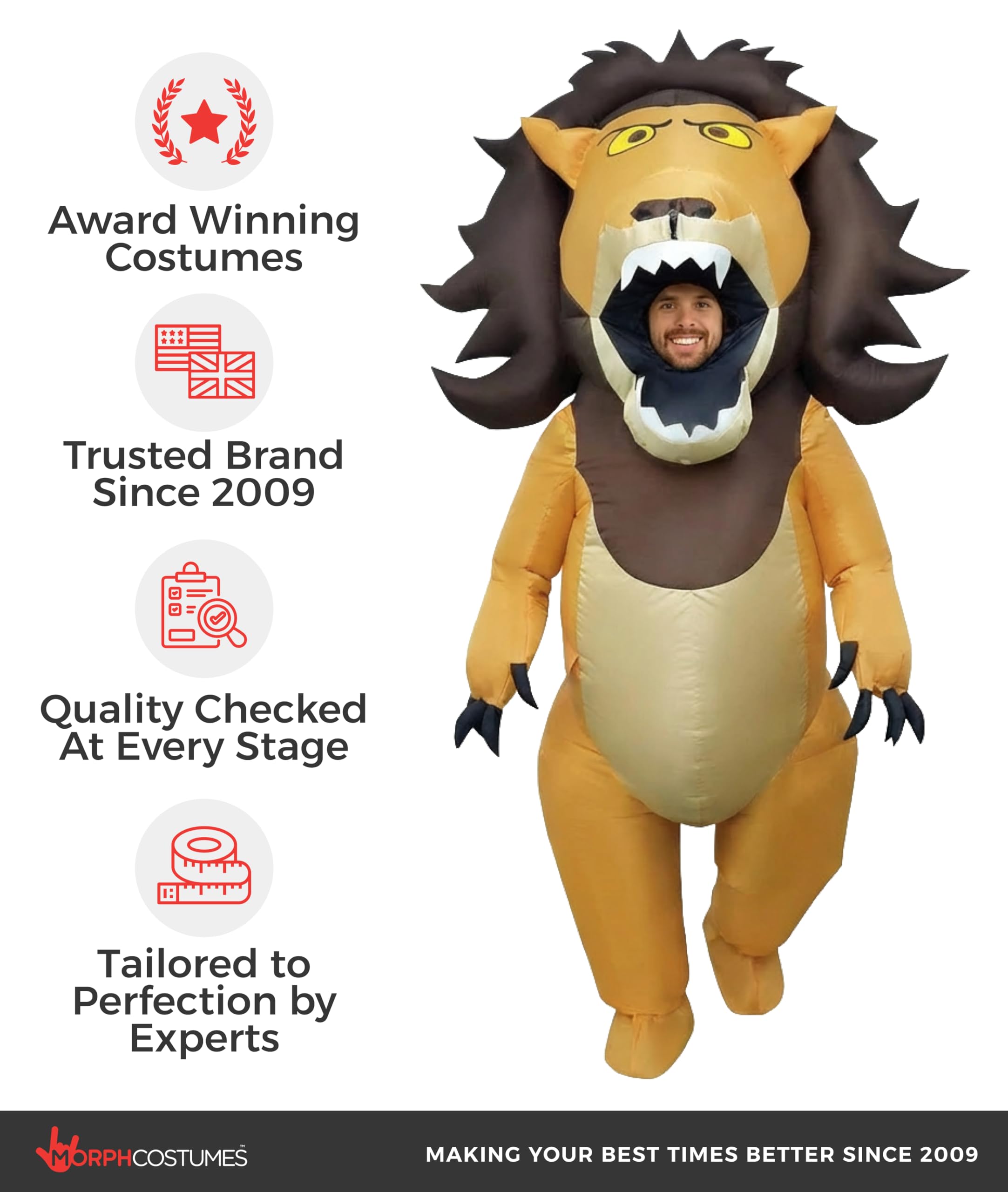 Morph Aufblasbares Löwenkostüm für Erwachsene, Ganzkörperkostüm, Perfekt für Halloween und Karneval, Einheitsgröße