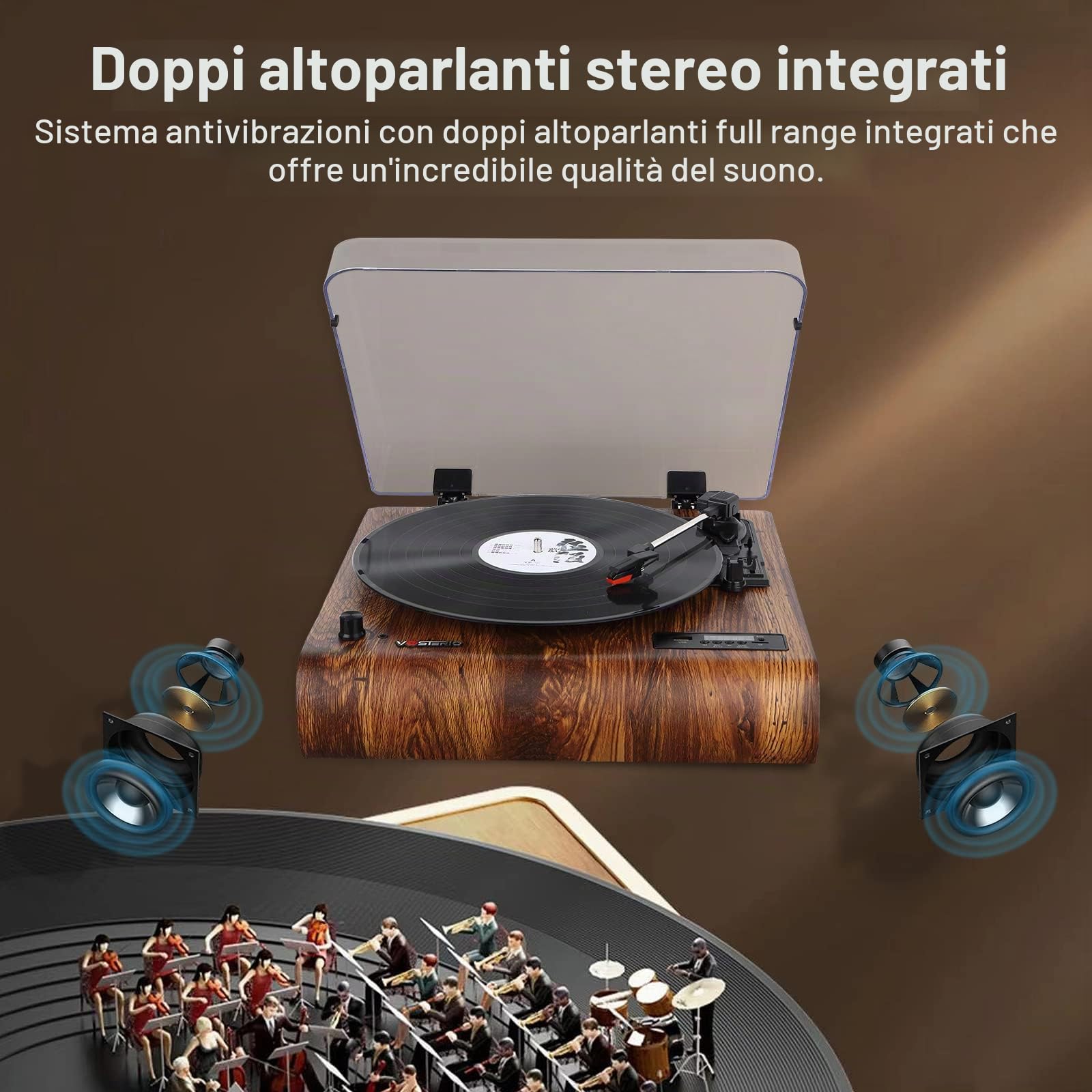 Vosterio Vinile Giradischi Bluetooth Portatile a Tre Velocità,Vintage con Altoparlanti Stereo Integrati, con Uscite RCA, Presa Cuffie, Radio FM, USB, Aux-in e display a LED