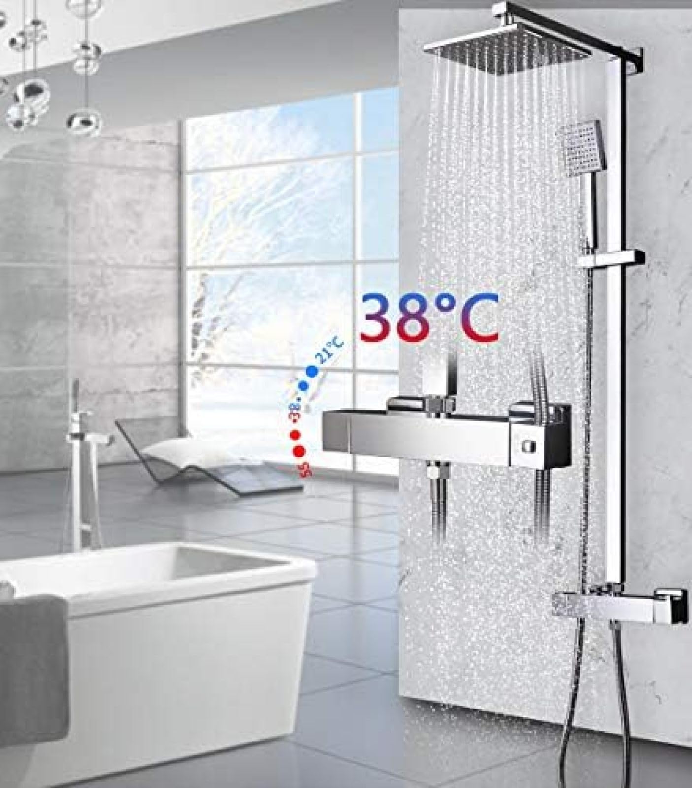 Mitigeur thermostatique de salle de bains chromé avec douche de tête carrée