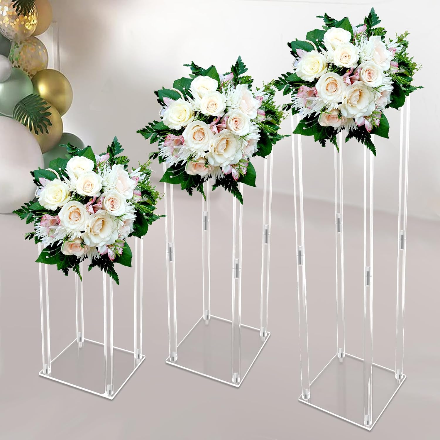 Clear Display Flower Tower, 3Pcs Clear Lucite Display Pedestal with Different Heights Strong Stability and Disassembled Easy Carry Store Free Standing Acrylic Geometric Display Stand for Banquets Etc