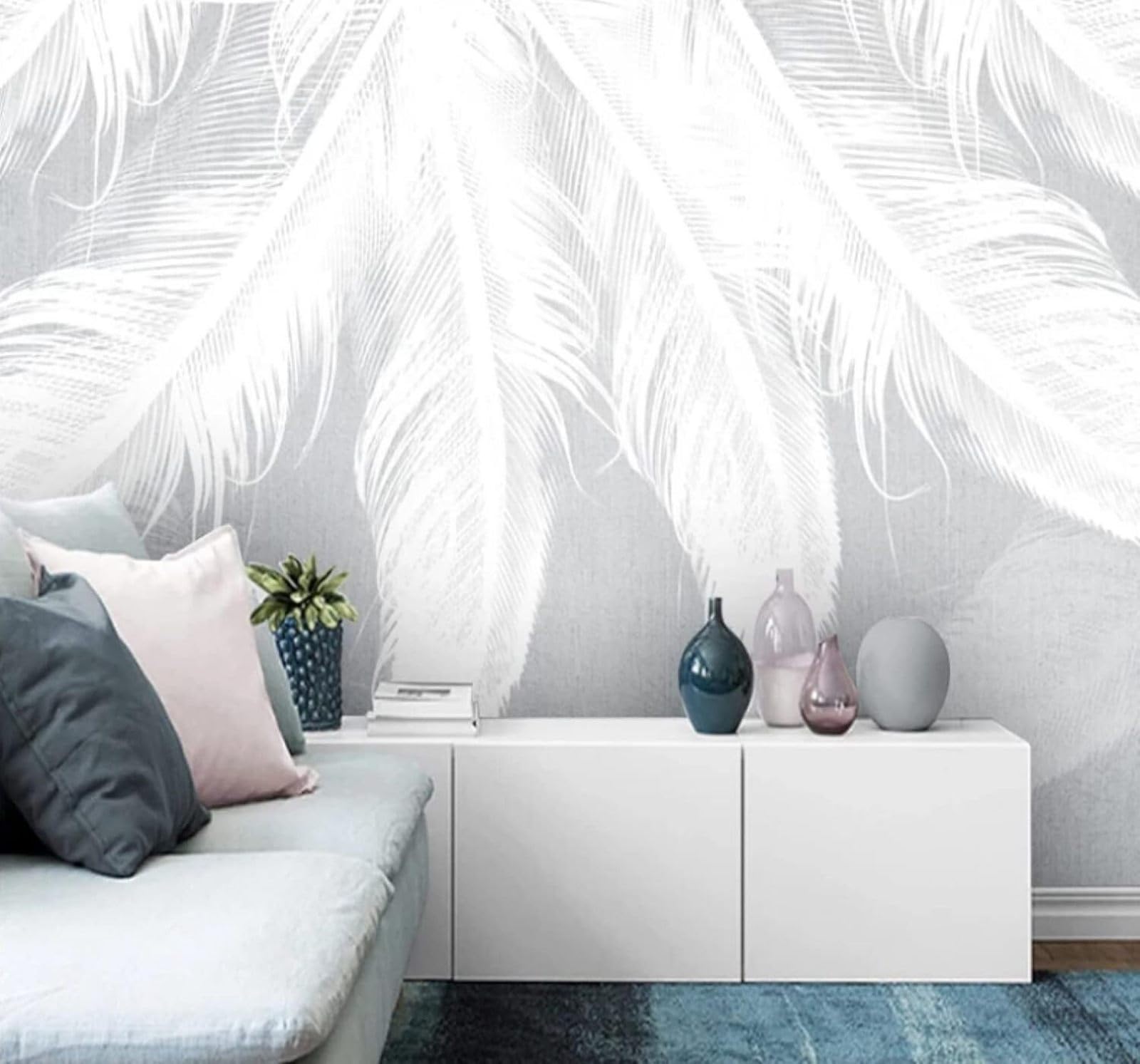 Wallpaper-3D-Xlm 200Cm×140Cm(B×H) Abstract Hand Drawn Minimalist White Feathers 3D Wallpaper Easy Install Feature Office Living Room Sofa Bedroom Tv Background Wall Decoration-200Cm×140Cm