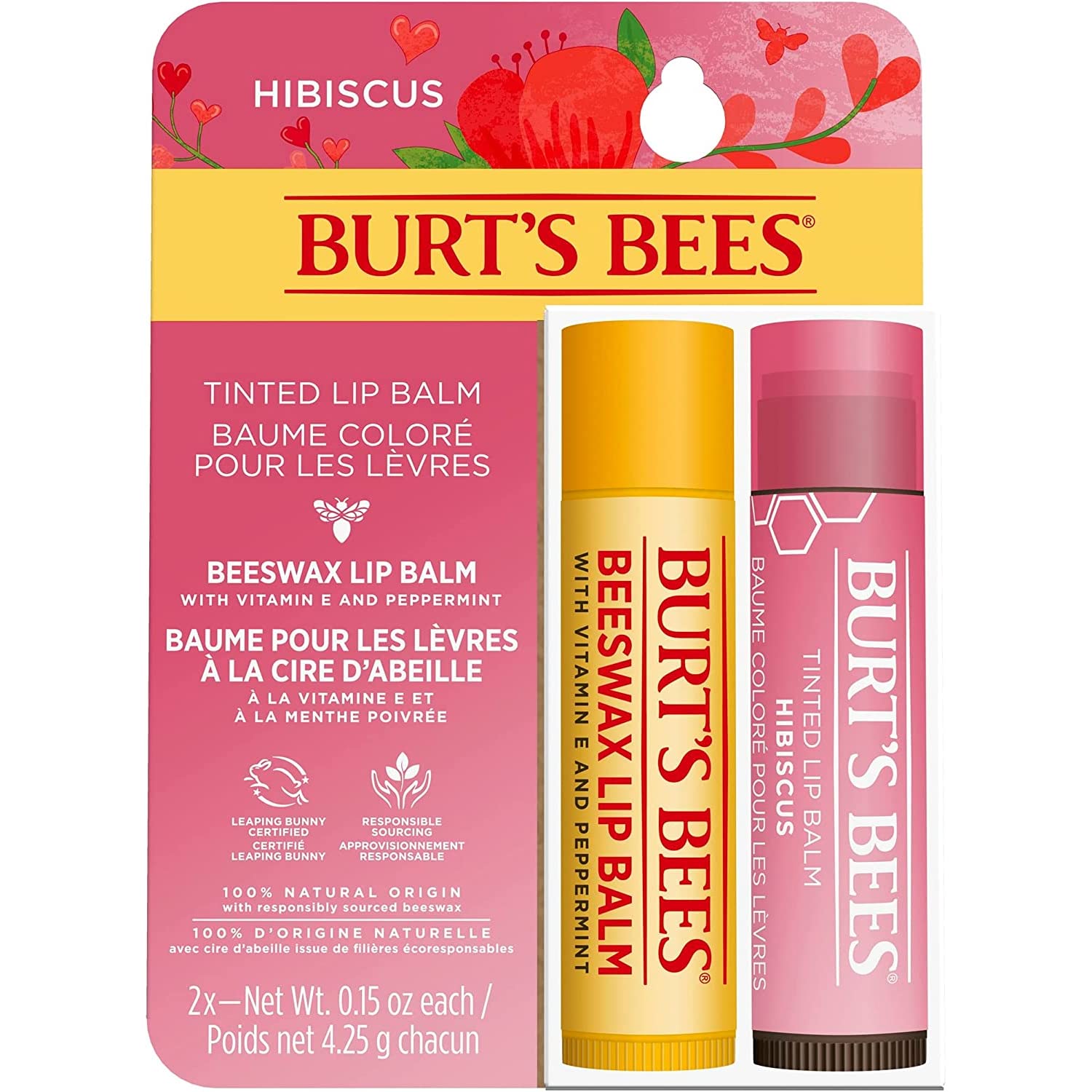 Burt's Bees Lip Balm Multipack, 2x4.25g, Pink, Pack Of 1: Moisturising Lip Balm Duo, Beeswax & Tinted in Hibiscus, Natural, Softening, Nourishing, Dry Lip Care