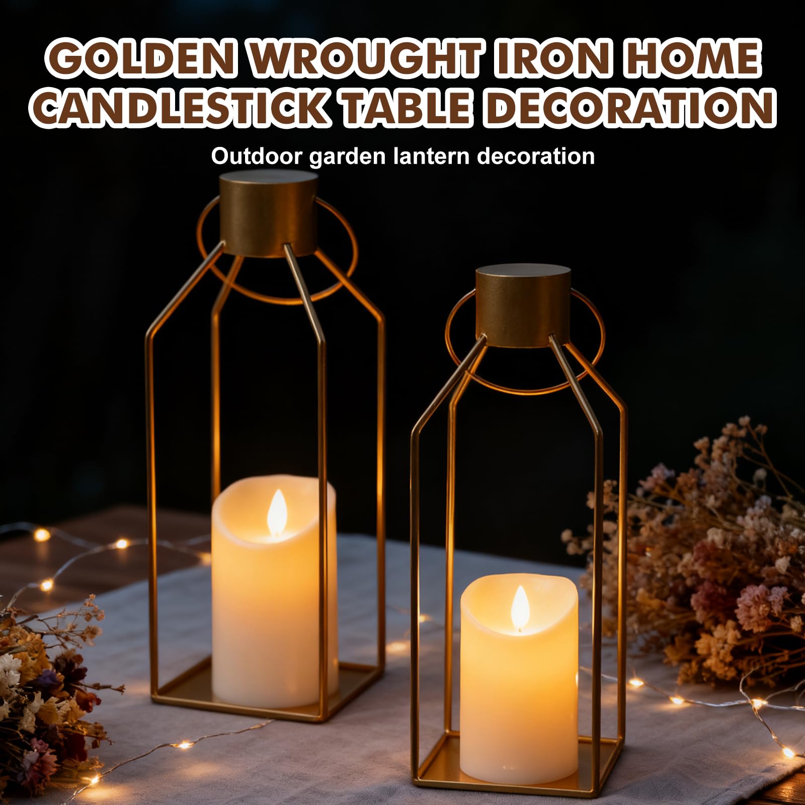 Farolillos para exterior con velas LED, juego de 2 farolillos de jardín de 32 + 40 cm, farolillos decorativos de acero inoxidable, farolillos decorativos para decoración de mesa, boda, Navidad (dorado