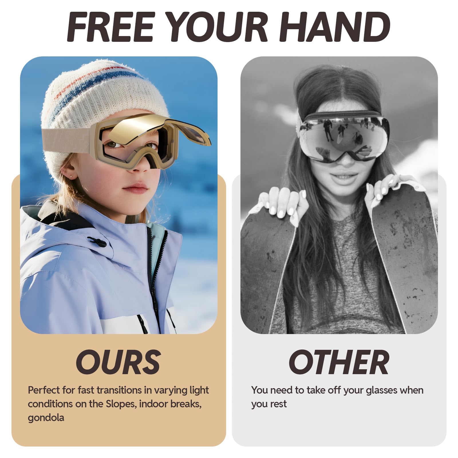 JUBAO Gafas de esquí abatibles para niños, antivaho, magnéticas, para nieve, snowboard, para niños y niñas, antivaho instantáneo, protección UV400