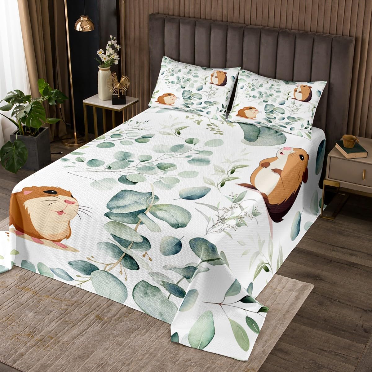 Erosebridal Cartoon Guinea Pig Twin Quilt Set Toddler Pet Animal Coverlet Set, Spring Plant Bedding Set Eucalyptus Leaf Bedspread Set, Hamster Mouse Theme Bed Quilt Kids Room Decor