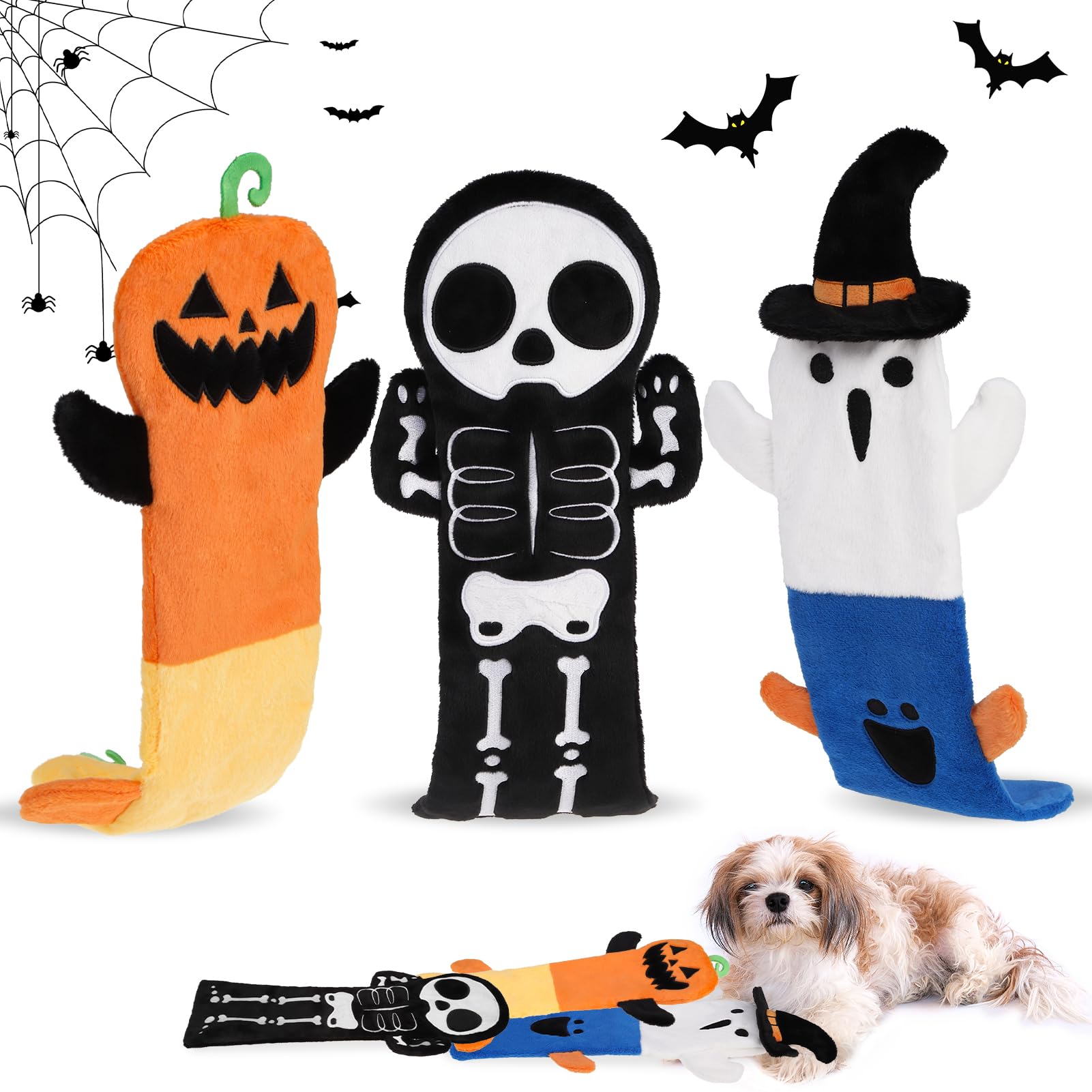 EXPAWLORER Halloween Dog Squeaky Toys - 3 PCS No Stuffing Plush Doggie Toy Interactive with Crinkle Paper Squeaker