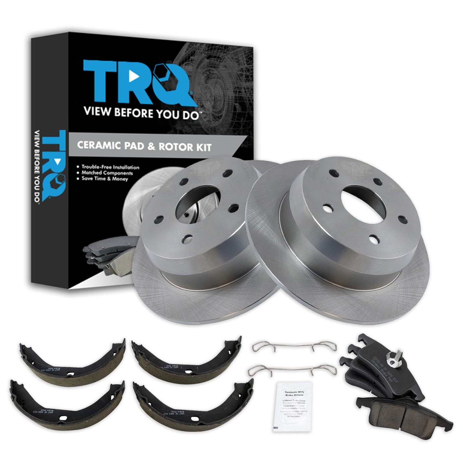 TRQ Rear Brake Pad and Rotor Set Ceramic Parking Shoe Compatible with 1999-2004 Jeep Grand Cherokee