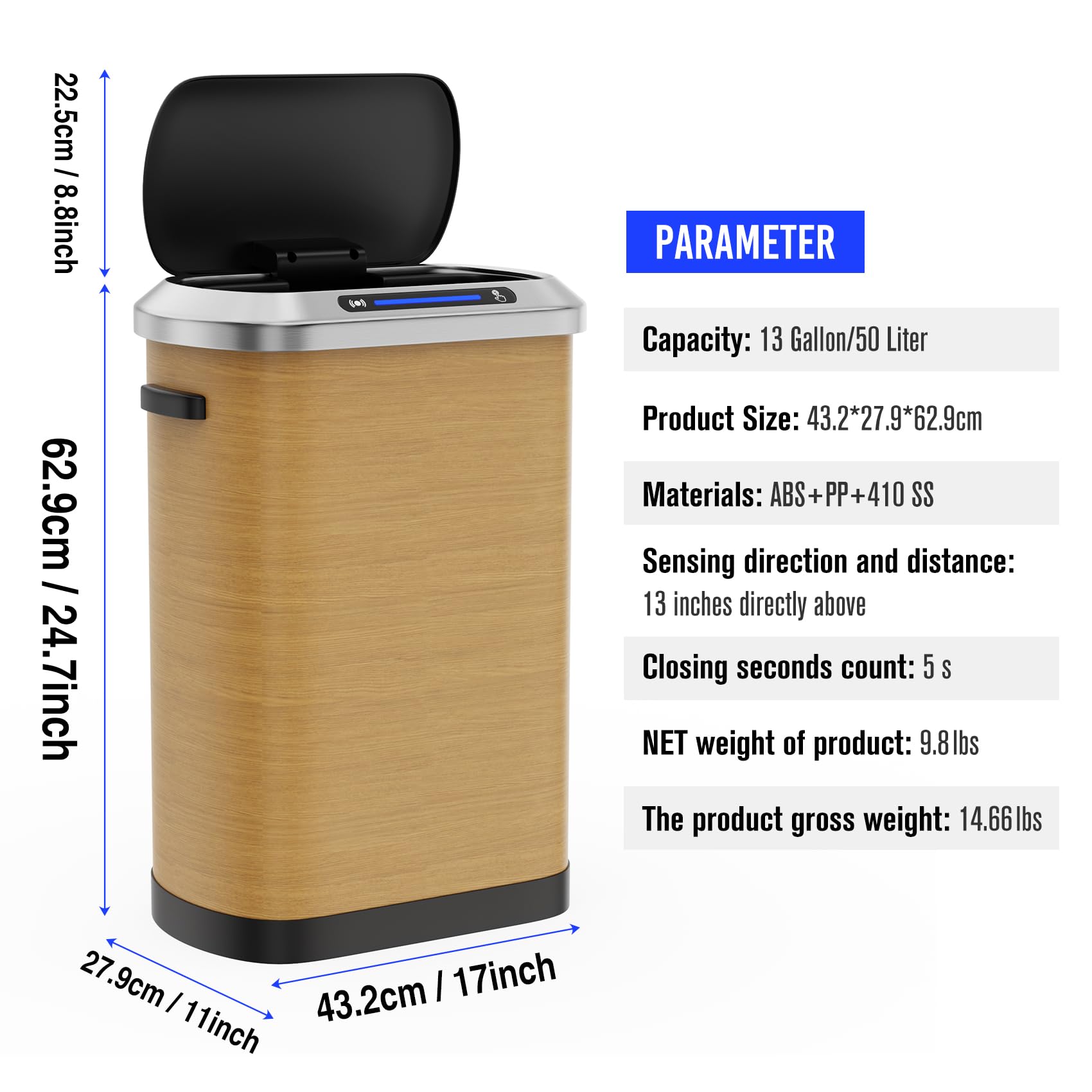 13 Gallon 50L Wood Color Automatic Smart Trash Can with Lid for Kitchen Office Bedroom Waste Bin and More, Stainless Steel Thickened Body and Super Mute Sensor Lid Garbage Can with 30 Garbage Bags