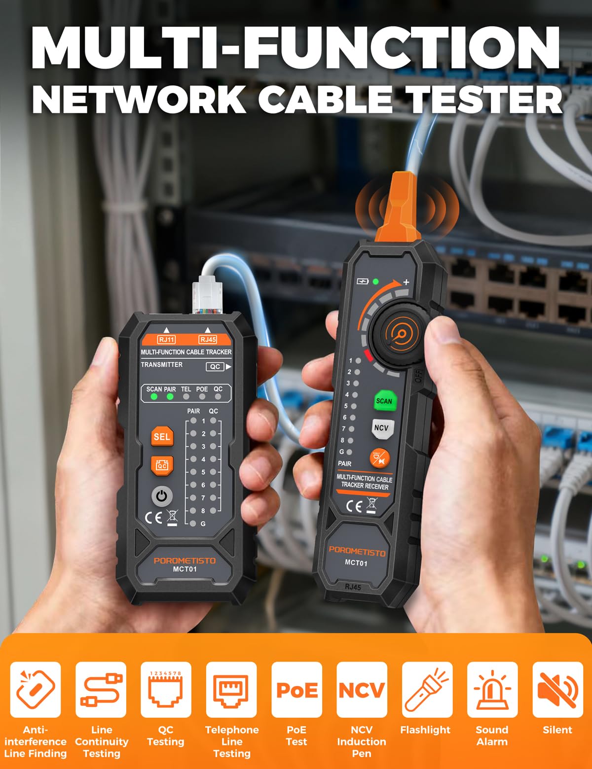 MCT01 All-in-One Netzwerktester, Kabeltester für RJ45/RJ11 mit Anti-Interferenz Line Finder, POE Test, NCV, Durchgangsprüfung & Crimpkontrolle