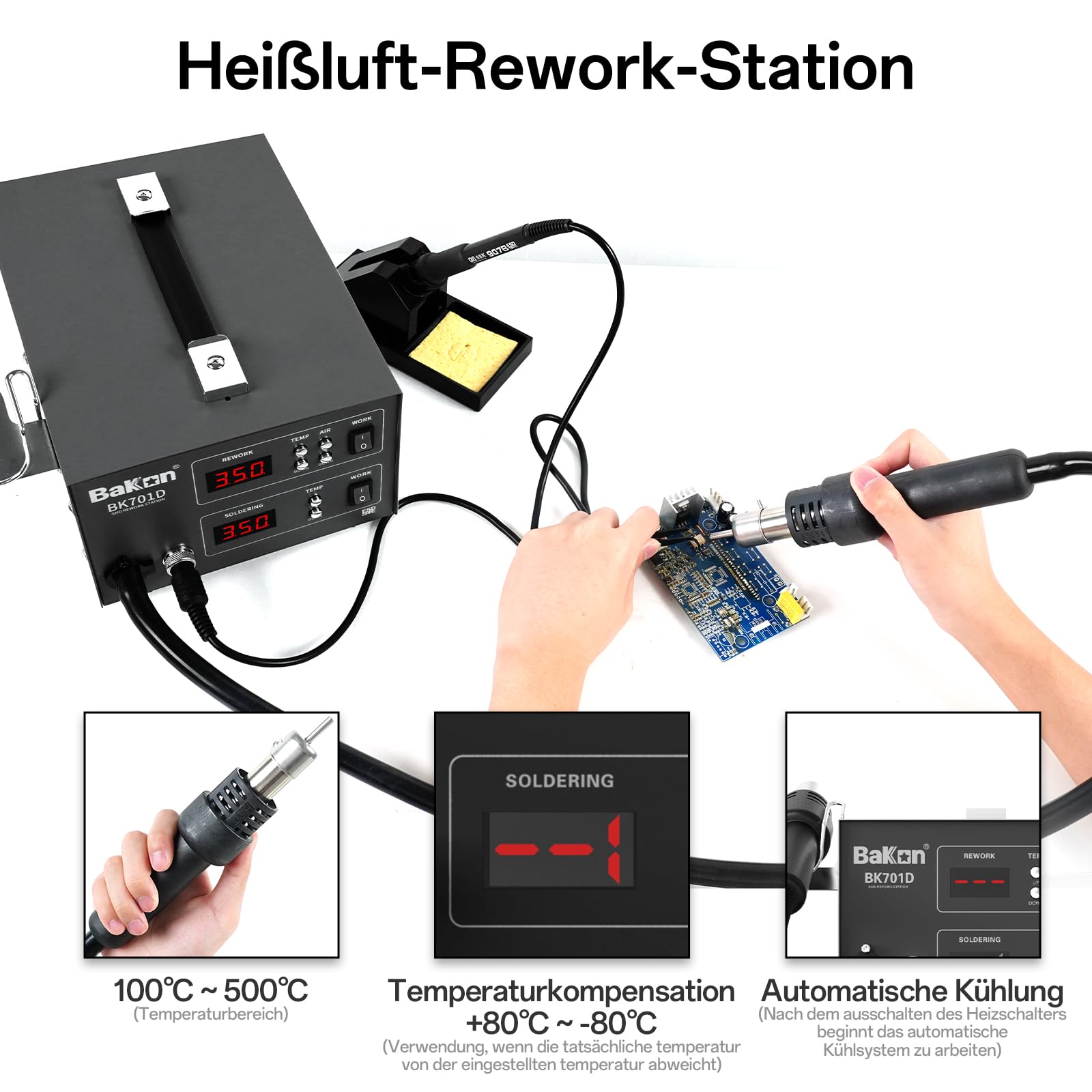 BK701D 700W Lötstation 2-in-1 Heißluft Rework Lötkolbenstation SMD ESD sicher