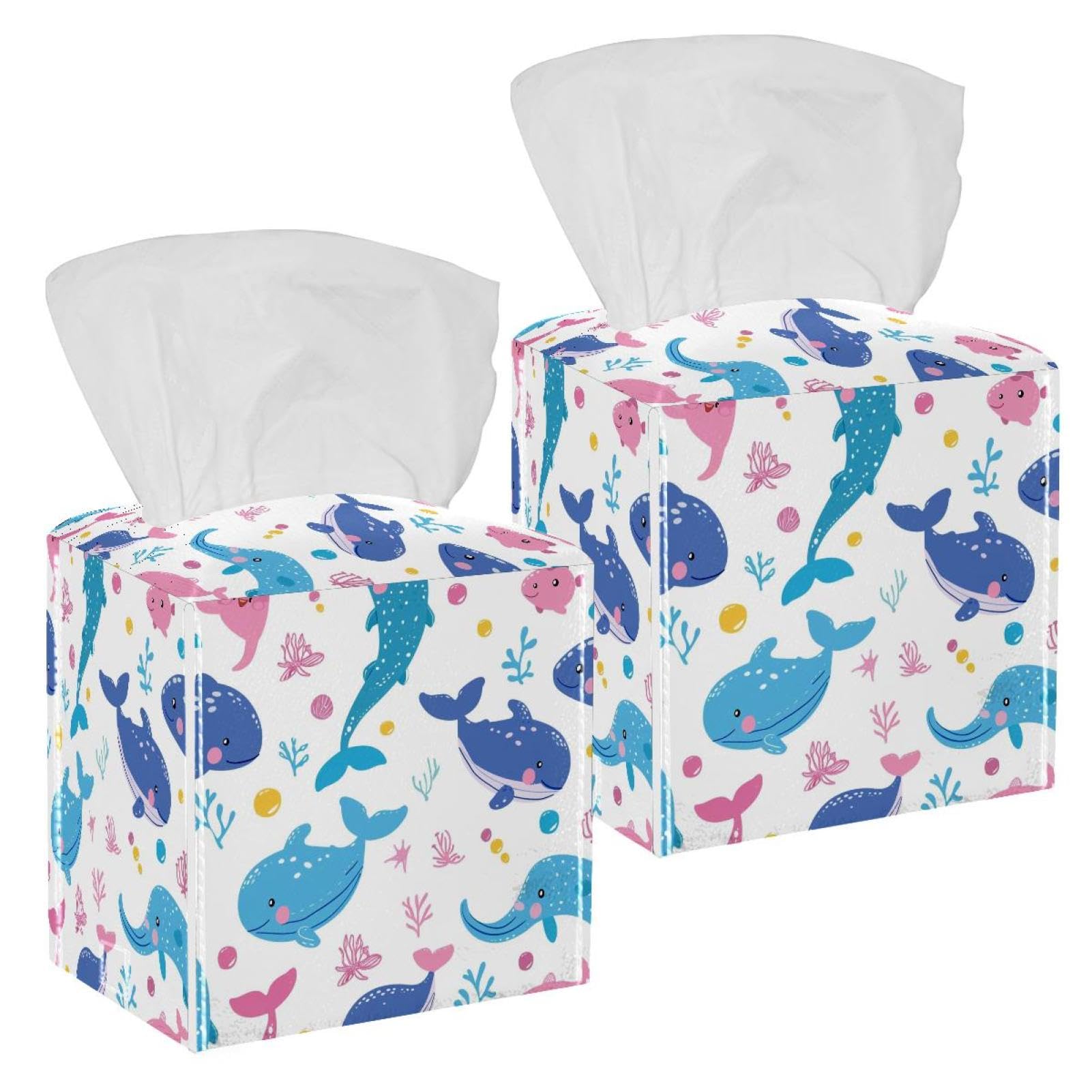 Cute Ocean Whale Tissue Box Cover, 2 Pack PU Leather Square Facial Tissue Dispenser Box holder for Home Office Car