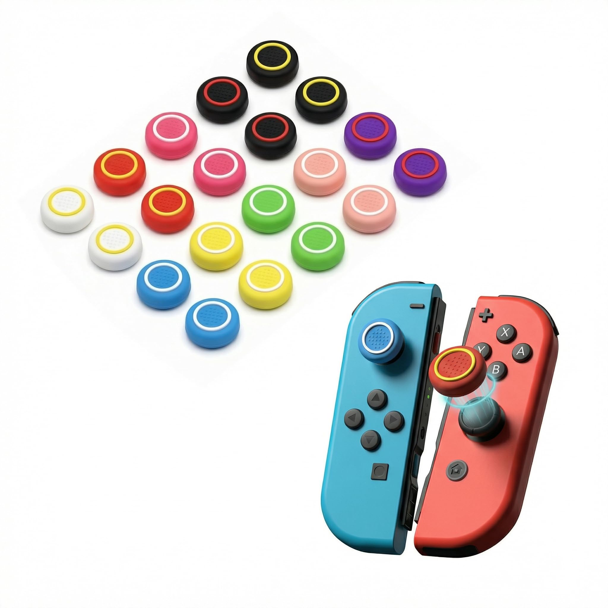 20PCS Optimized Silicone Thumb Grips & Joystick Caps for Nintendo Switch/OLED/Lite JoyCon Controllers Accessories | 10 Colors, Anti-Slip, Anti-Scratch & Enhanced Gaming Experience - 1