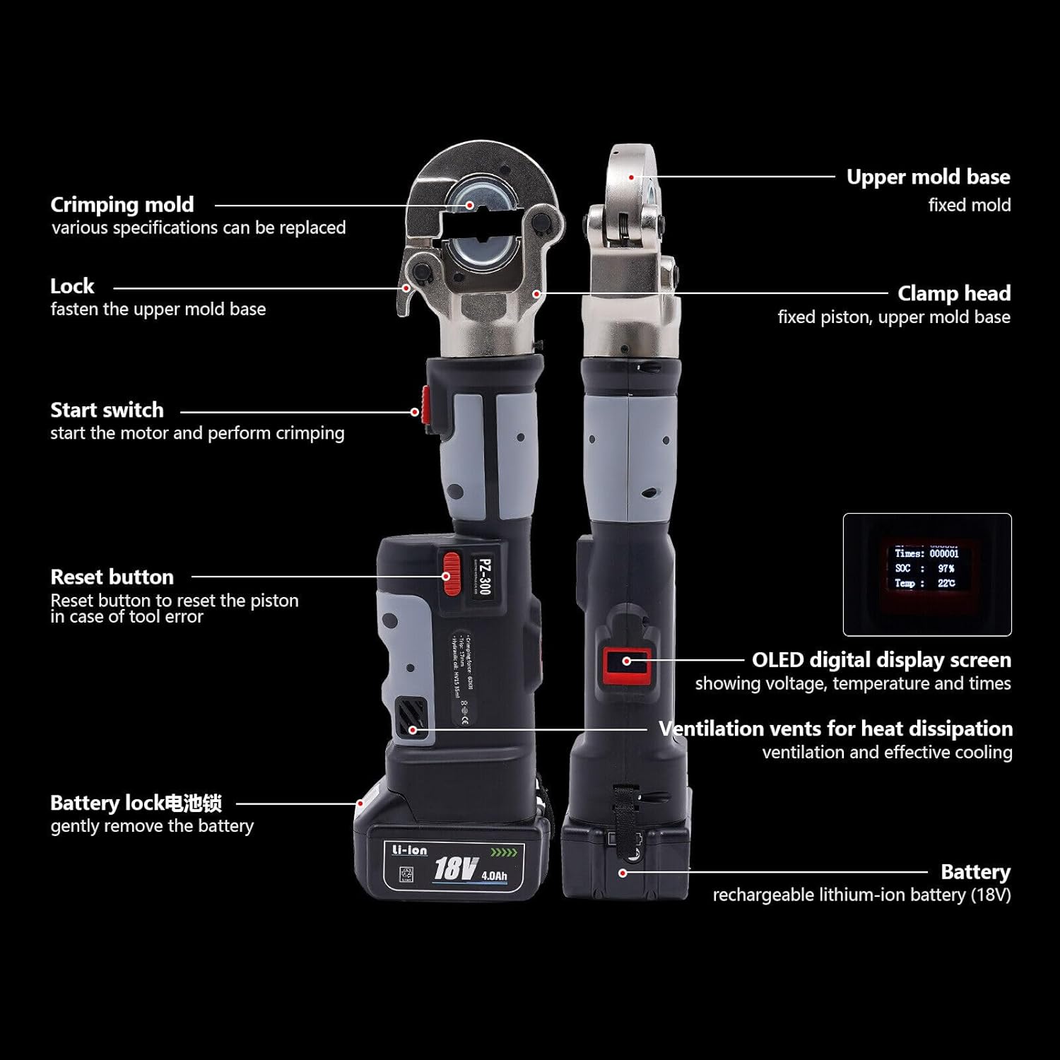 Electric Hydraulic Plier, MEZ-300/PZ-300 Hydraulic Clamp, for Copper Aluminum Cable Terminal 10-300mm²