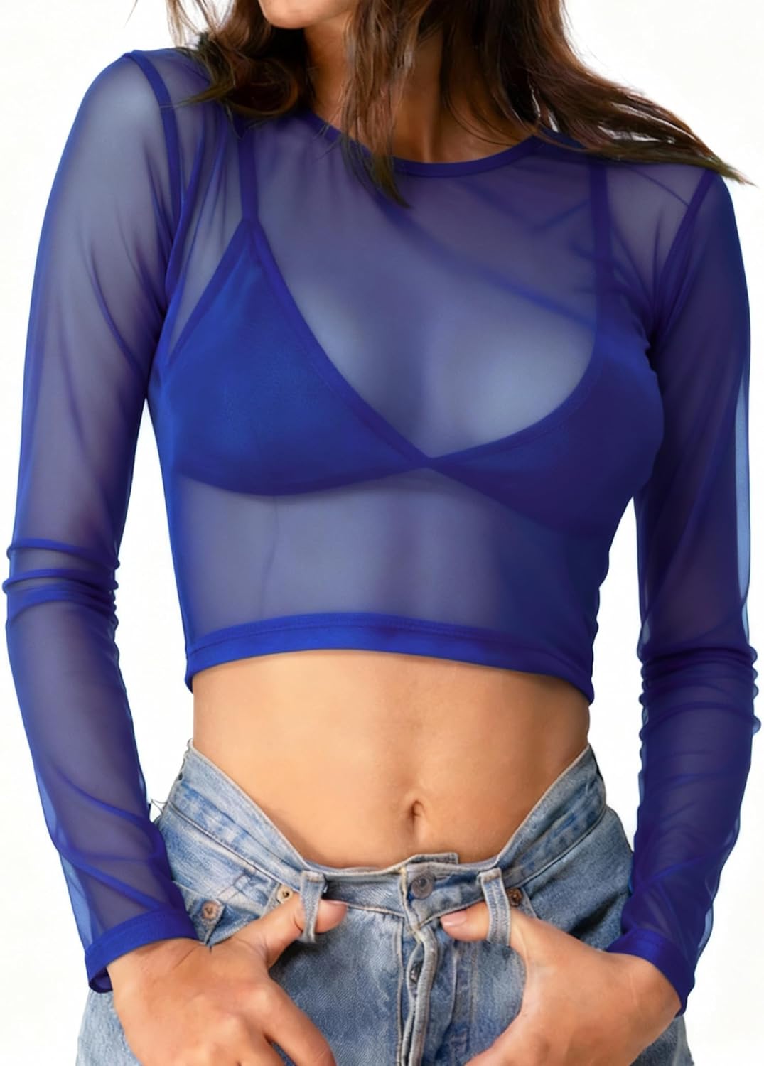 ADOME Mesh Crop Top Sheer Tops for Women See Through Shirt Long Sleeve Basic Crop Top S-4XL