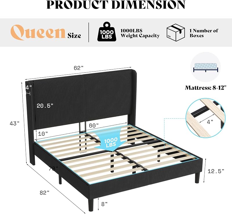 Queen Bed Frame, Upholstered Platform Bed with Corduroy Headboard, Black image 2