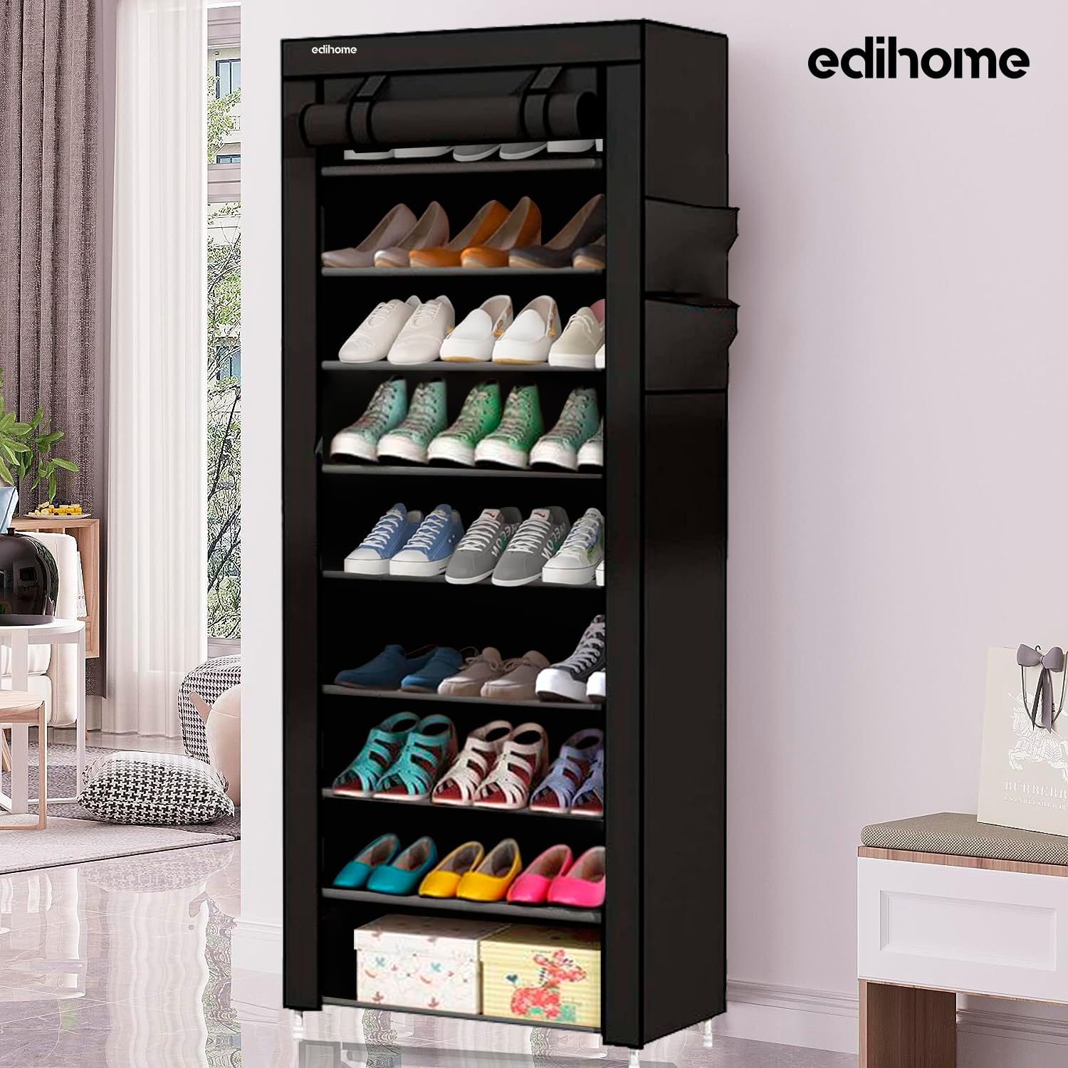 edihome, Fabric Shoe Rack, 9 Levels, Narrow and High, (58 x 28 x 162 cm) with Outer Cover, Zip for Shoes, High Heels, (Black