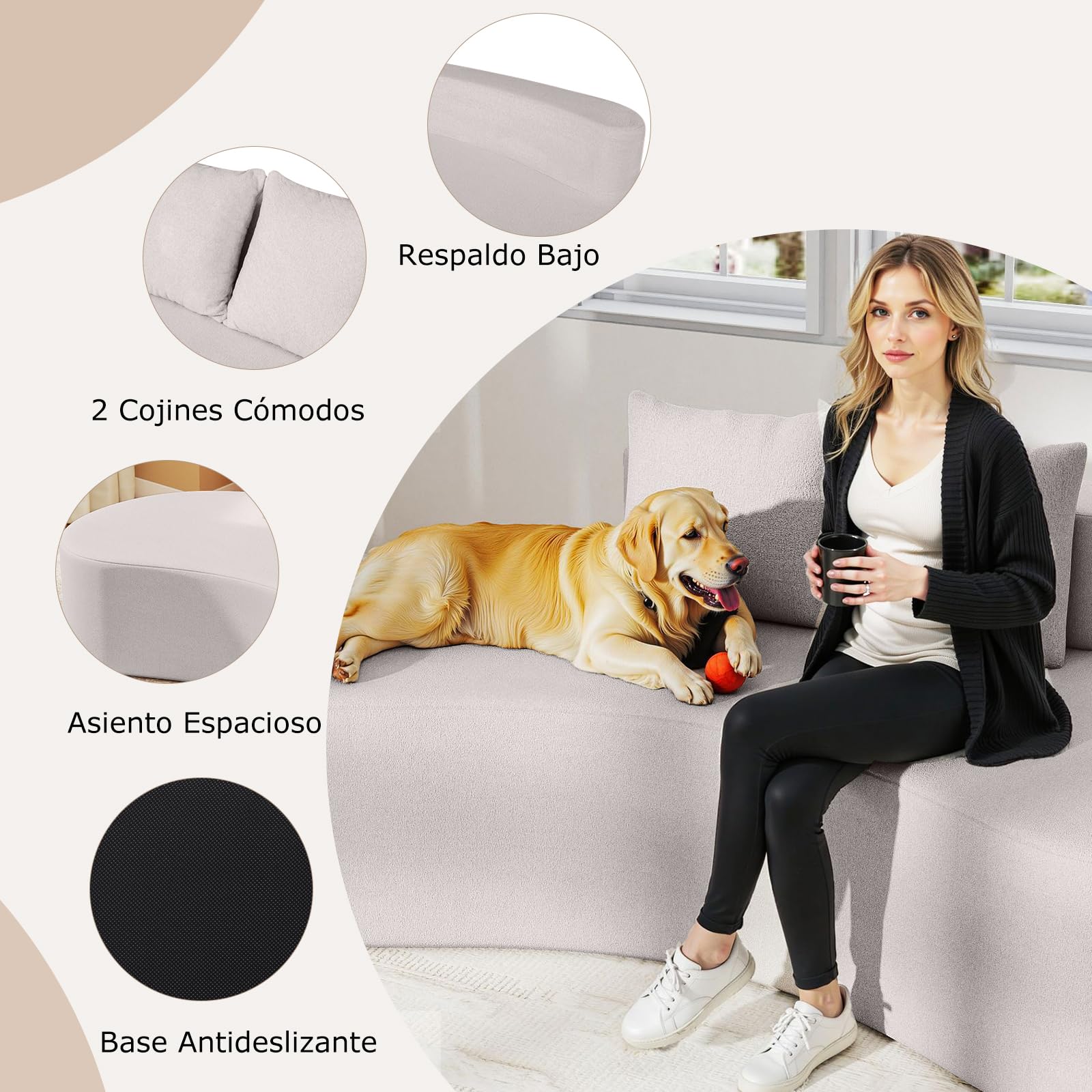 COSTWAY 199 cm Sofá de Compresión Curvo Tapizado con 2 Almohadas, Respaldo Bajo y Amplio Asiento Acolchado con Esponja, Base Antideslizante, sin Montaje, Sofá de Suelo para Salón, Dormitorio (Gris)