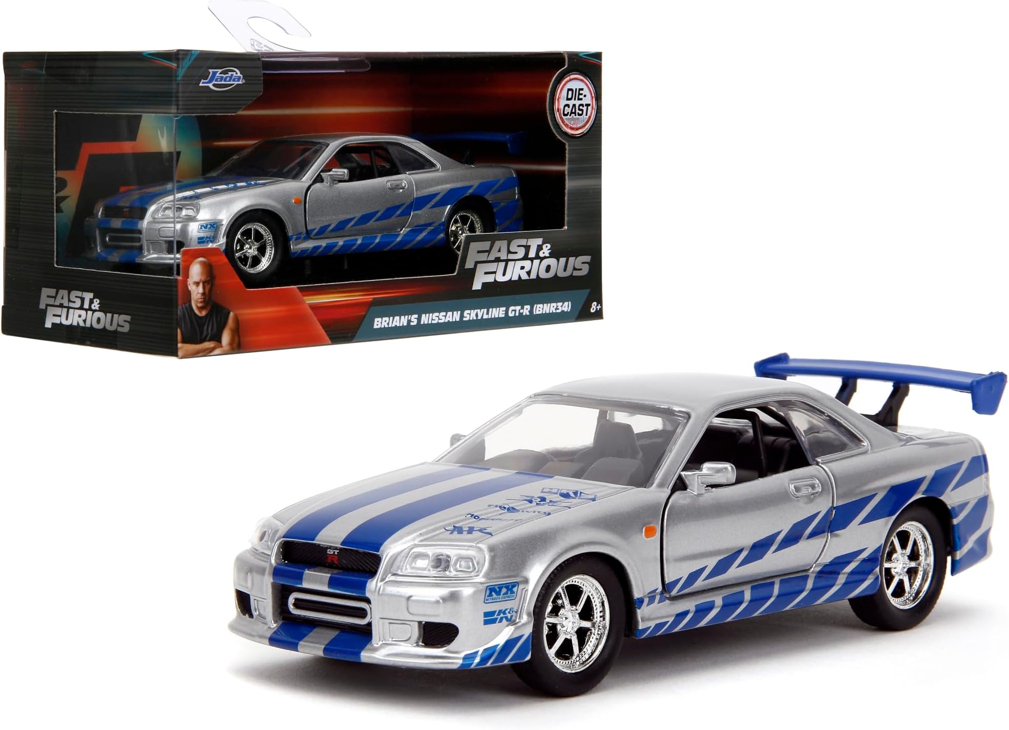 Toys Fast & Furious 1:32 Brian's Nissan Skyline GT-R R34 Die-cast Car Silver/Blue, Toys for Kids and Adults