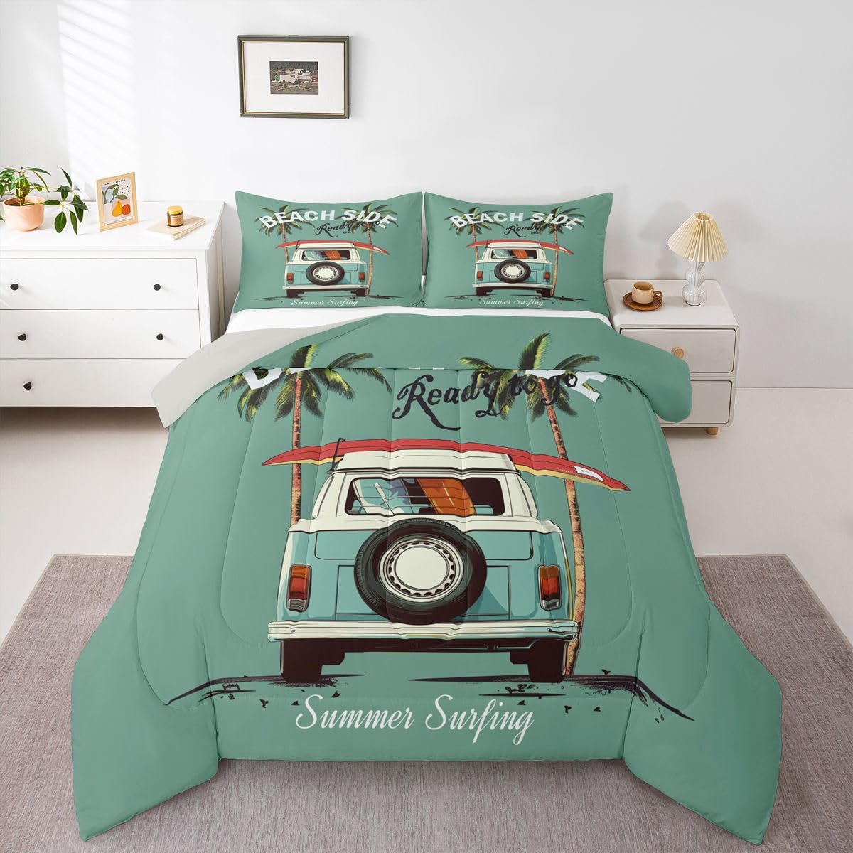 Erosebridal Coastal Beach Surfer Queen Comforter Set,Surfboard Surf Bedding Set for Kids Girls Boys,Hawaiian Palm Tree Quilt Bed Set Ocean Sea Theme