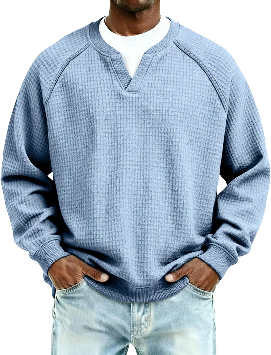 RTRDE Men's Casual Waffle Knit Sweatshirt Long Sleeve V Neck Athletic Workout Jersey Pullover