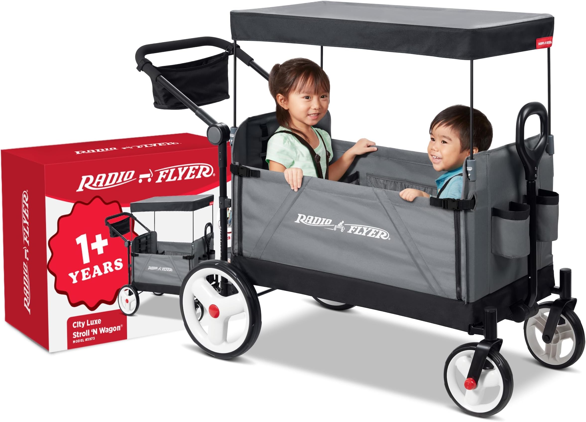 City Luxe Stroll 'N Wagon, Ages 1+, 3-in-1 Push or Pull, Easy Fold, UV Canopy, 5-Point Harnesses, Front Caster & 12" Rear Wheels, Stroller Wagon, Amazon Exclusive