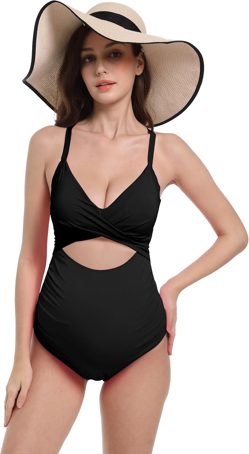 Foucome Maternity Swimsuit One Piece Bathing Suit Front Cross Cutout Pregnancy Swimwear - Image 4