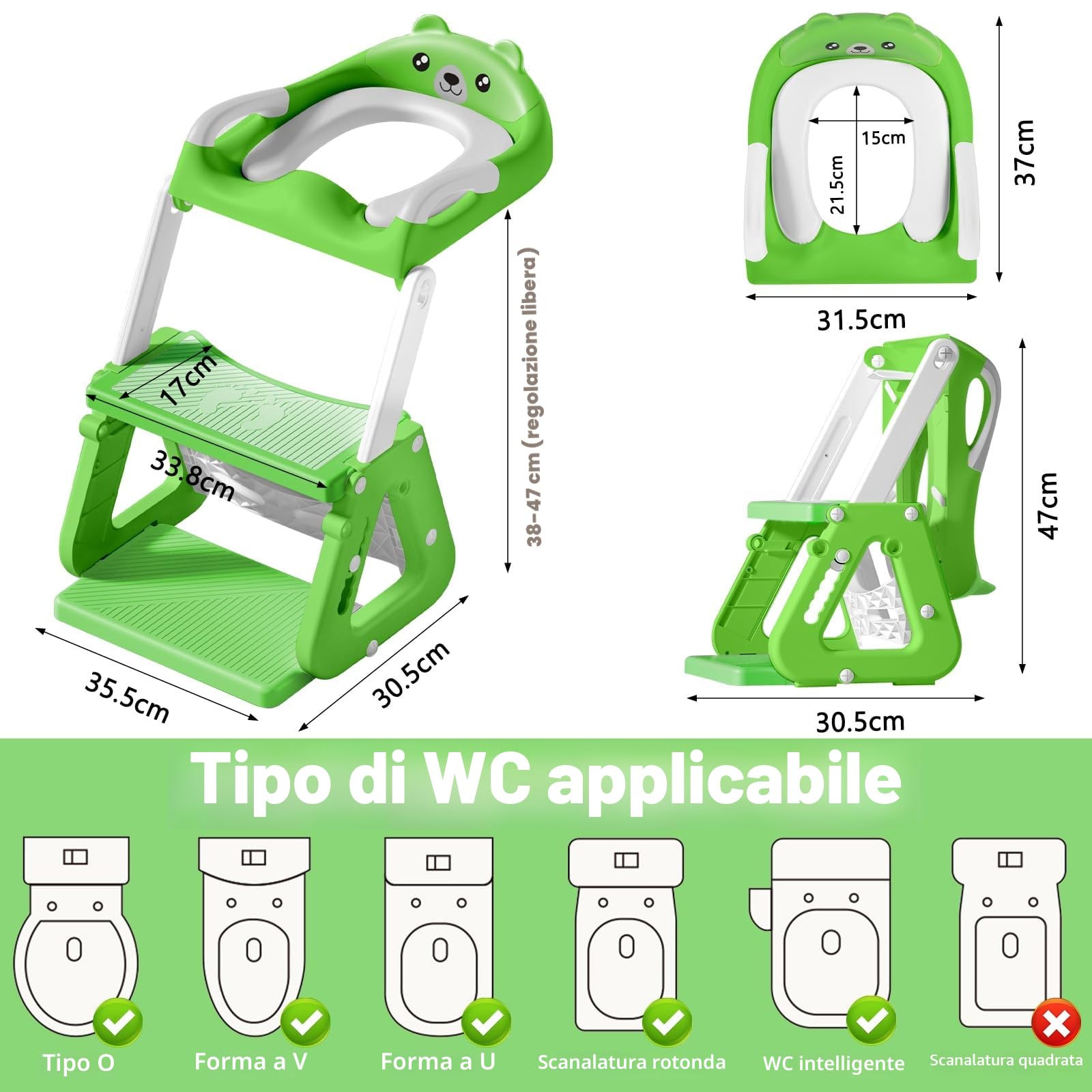 Riduttore Wc Bambini con Scaletta, Scaletta WC per Bambini, Riduttore Water Bambini con Morbida Seduta Imbottita e Paraspruzzi Estesi,Pieghevole,Antiscivolo,Adatto per Tazze WC a V, U Oppure O