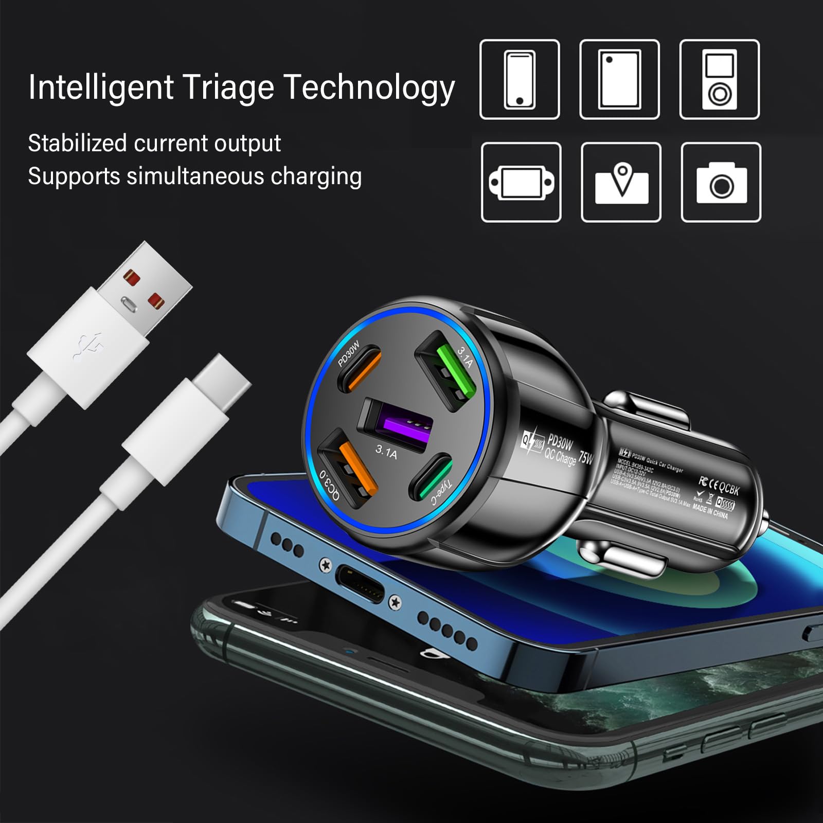 Verbessertes Kfz-Ladegerät USB C mit 5 Ports, 75 W Zigarettenanzünder-Adapter mit Typ-C und QC 3.0 ultraschnellem Ladeanschluss, universeller Kfz-Ladeadapter für Navigator, Dashcam (schwarz)