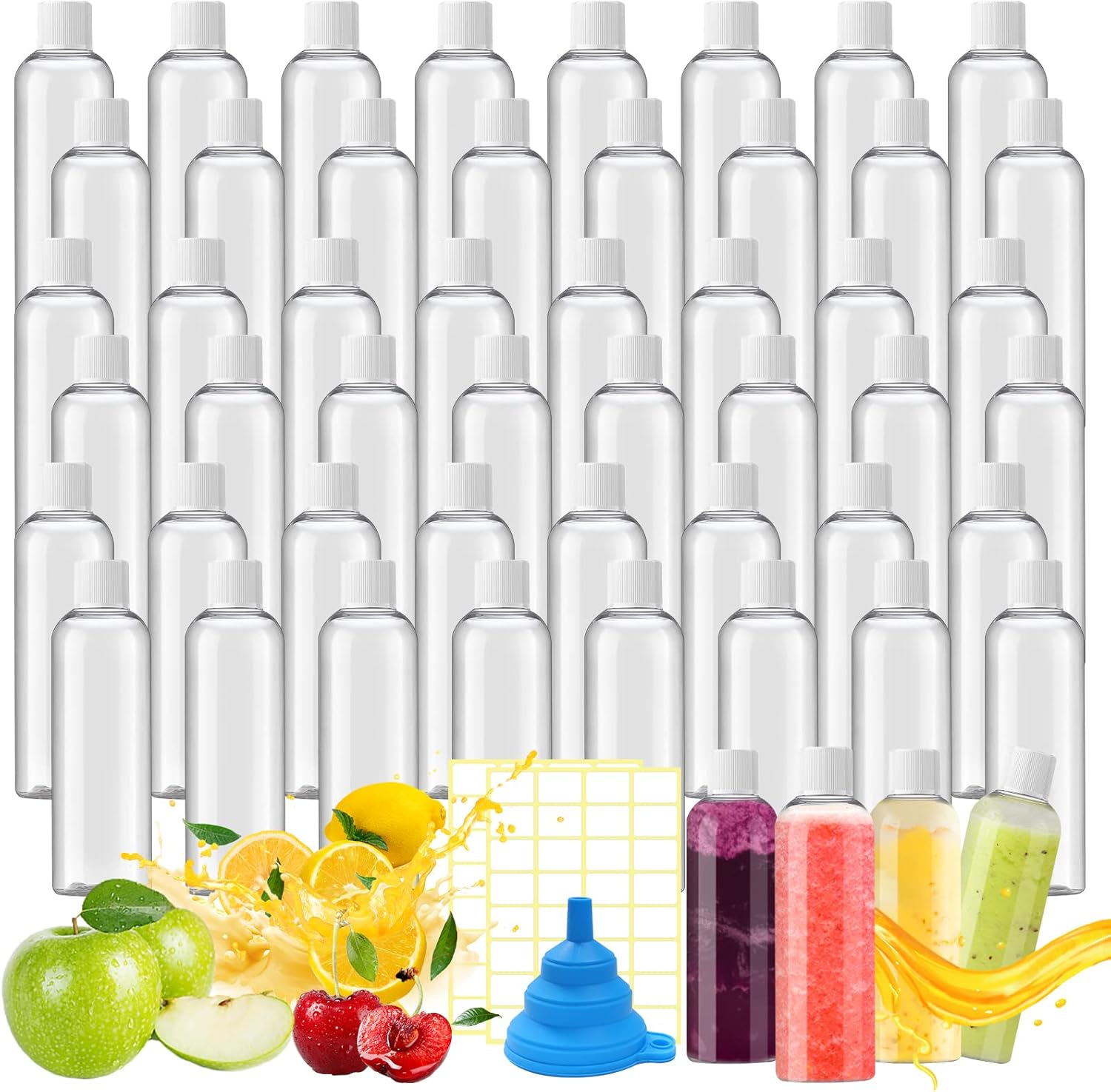 ATROPOS 48 Pack 2 Oz Small Plastic Bottles Ginger Shot Bottles with Caps Mini Juice