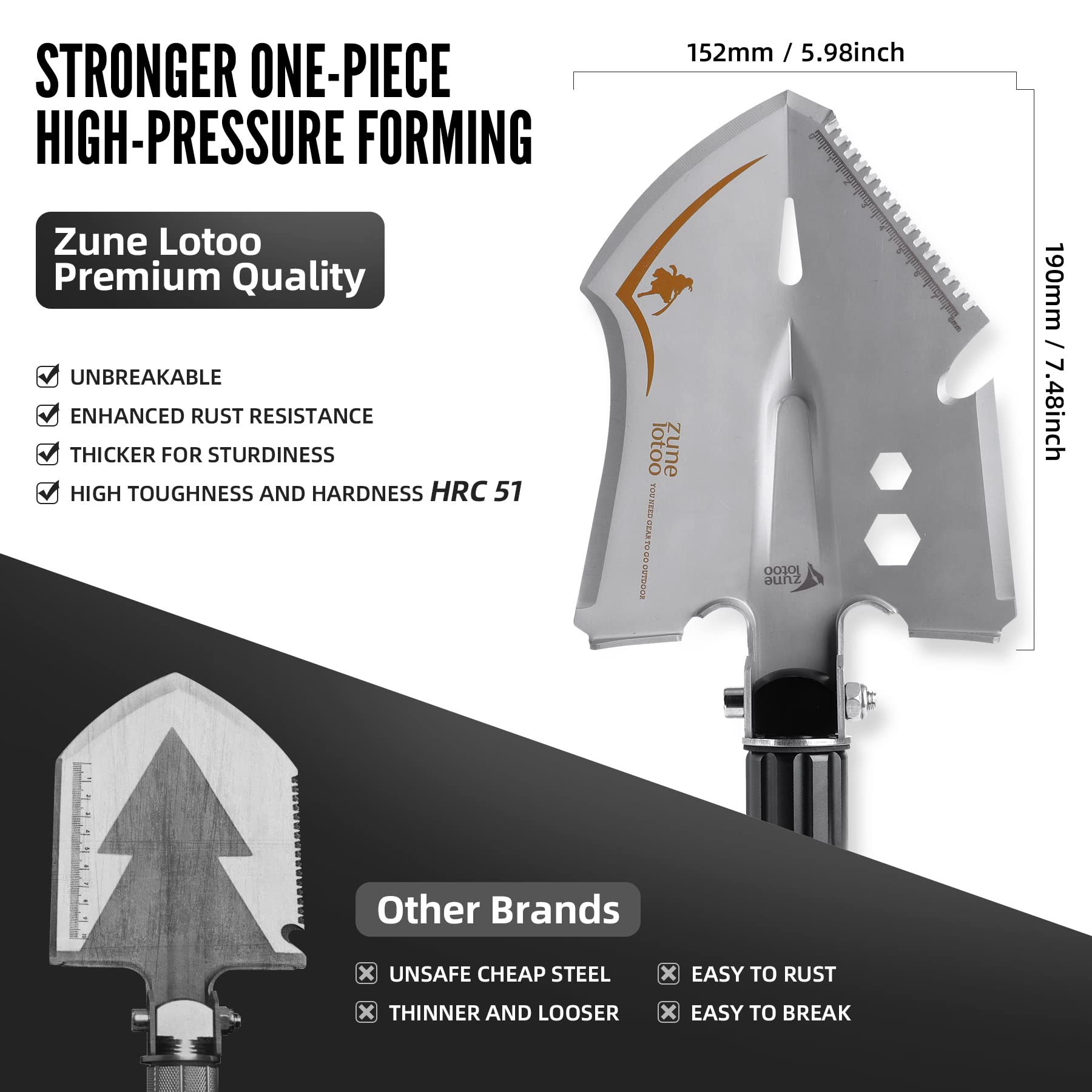Zune Lotoo Pala Plegable de 100cm, 15 en 1 Pala Multiusos Portátil de Acero al Carbono con 3 Combinaciones de Longitudes, Pala Plegable Compacta para Camping, Senderismo, Jardín, Aventura