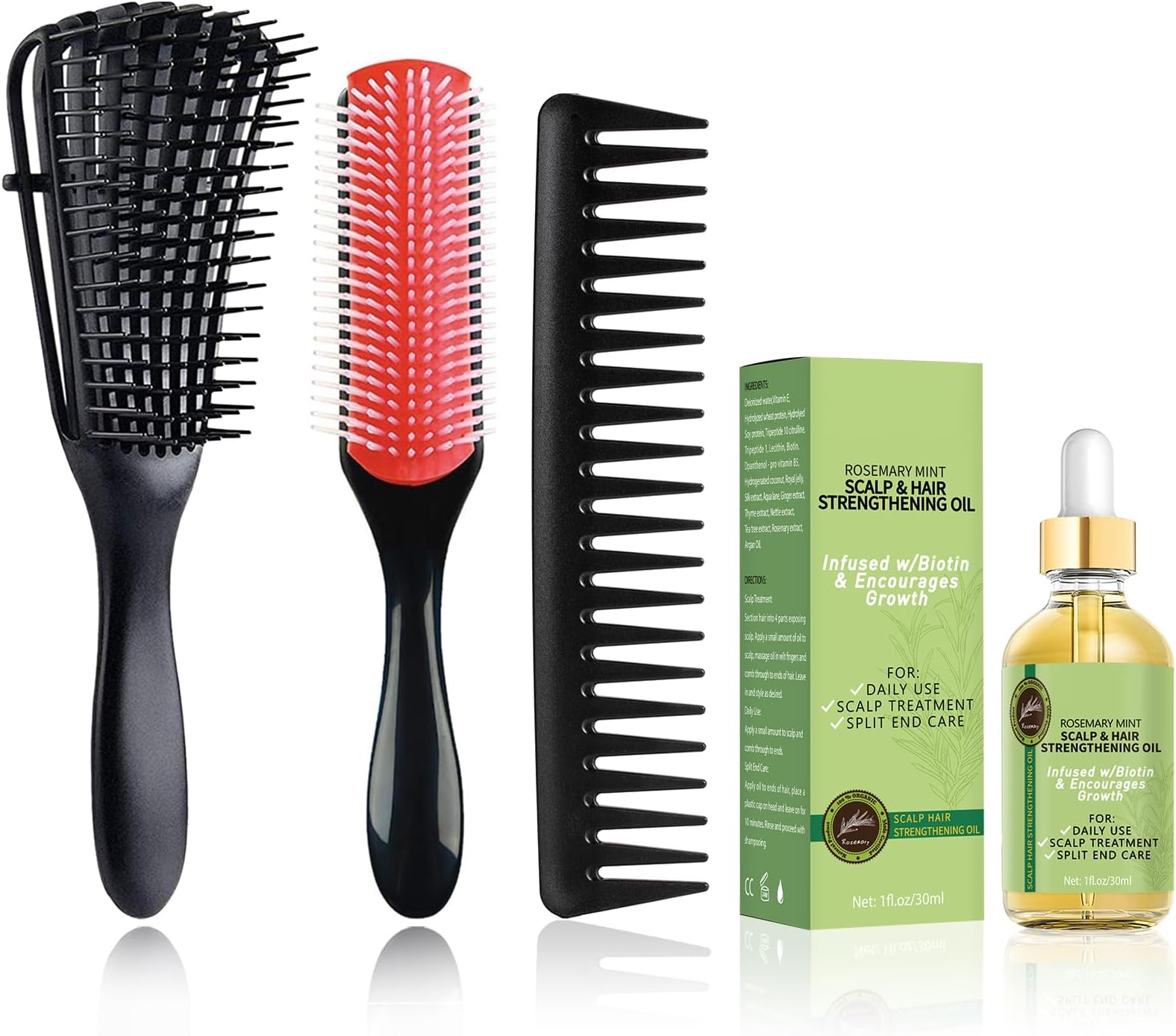 WOZUTUNT Curly Hair Brush Set for Women/Men/Kids, Detangler Brush, Wide Tooth Comb, 9 Row Nylon Bristle, Rosemary Hair Growth Oil - 4 Count (DB-black-4pcs)